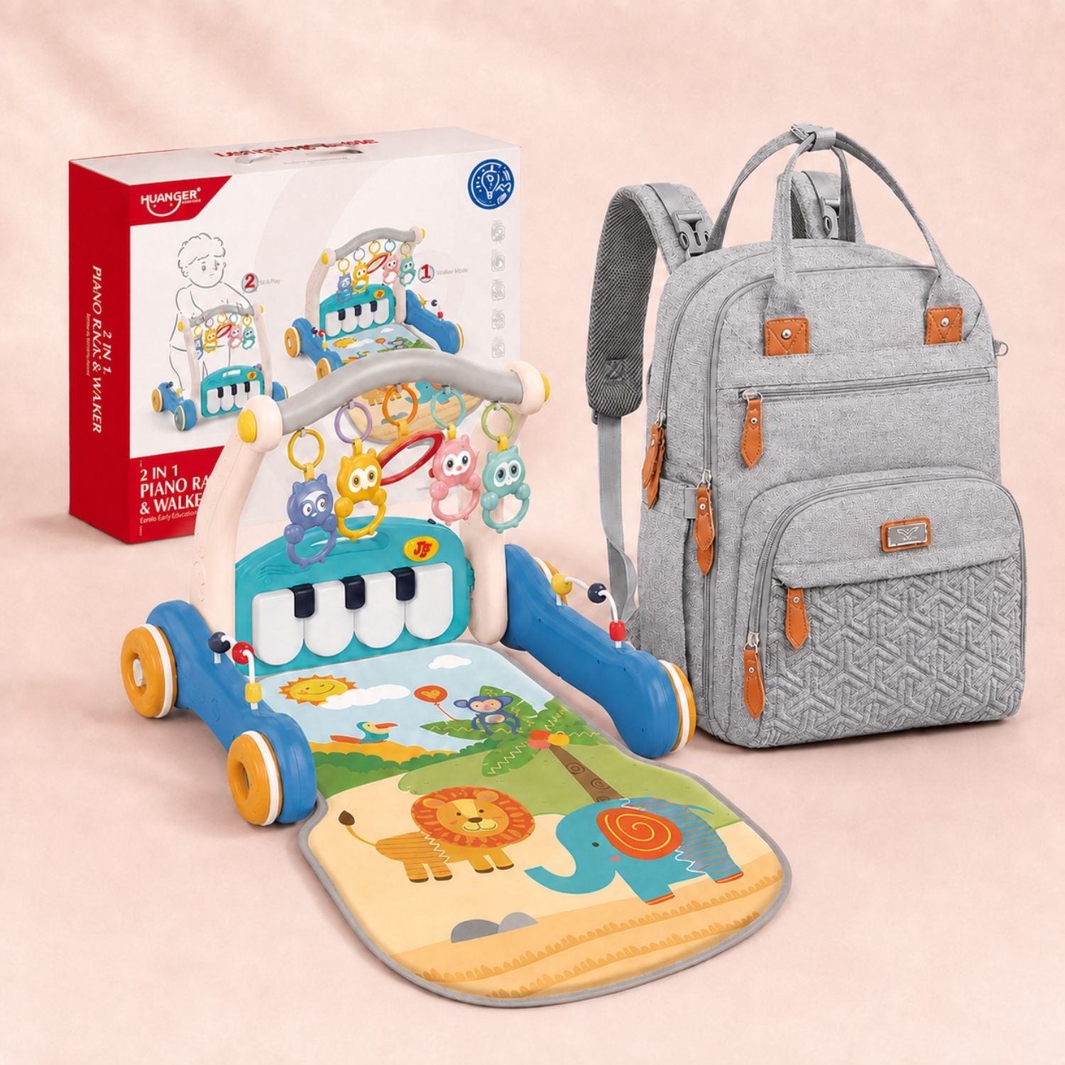 3-in-1 Baby Play Mat, Gym, Walker & Unisex Baby Diaper Bag Backpack for Mom & Dad