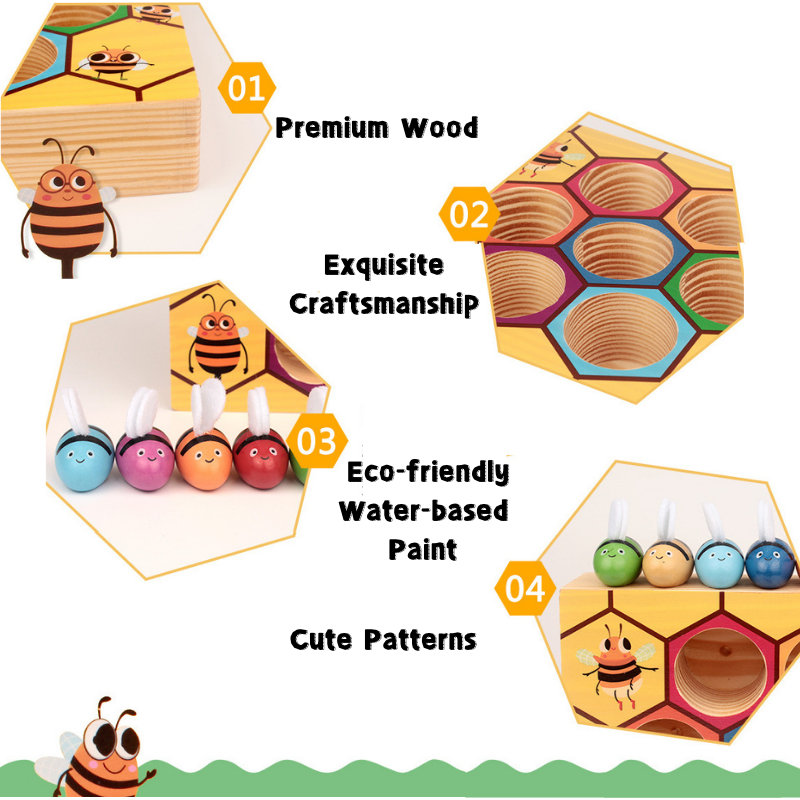 Montessori Early Education Wooden Bug Catching Game Preschool Educational Role-Playing Toy for Color Recognition and Bee Clipping 3 Years + - Little Kooma