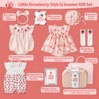 Little Strawberry Baby Girl Summer Gift Set – 3 Outfits, Bonnet, Headband, Socks & Keepsake Suitcase