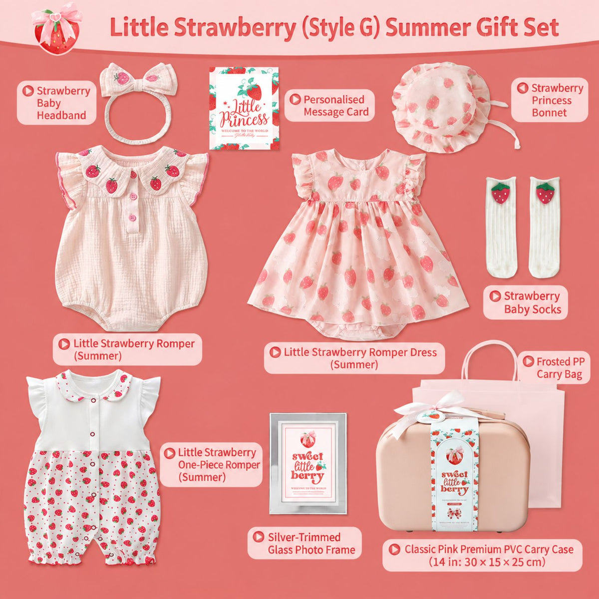 Little Strawberry Baby Girl Summer Gift Set – 3 Outfits, Bonnet, Headband, Socks & Keepsake Suitcase