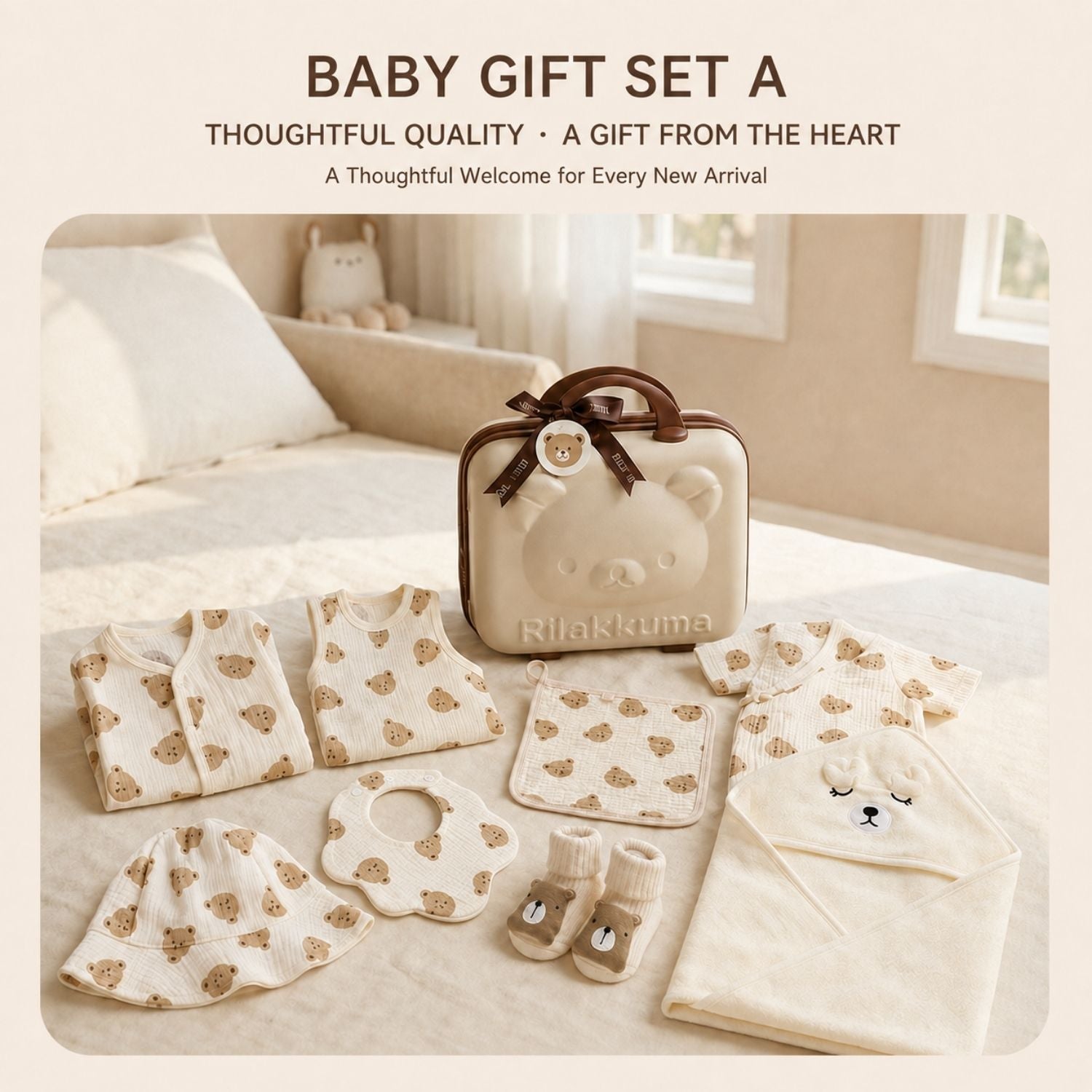 Little Bear Newborn Baby Gift Set – Cotton Muslin Summer Essentials with Keepsake Suitcase