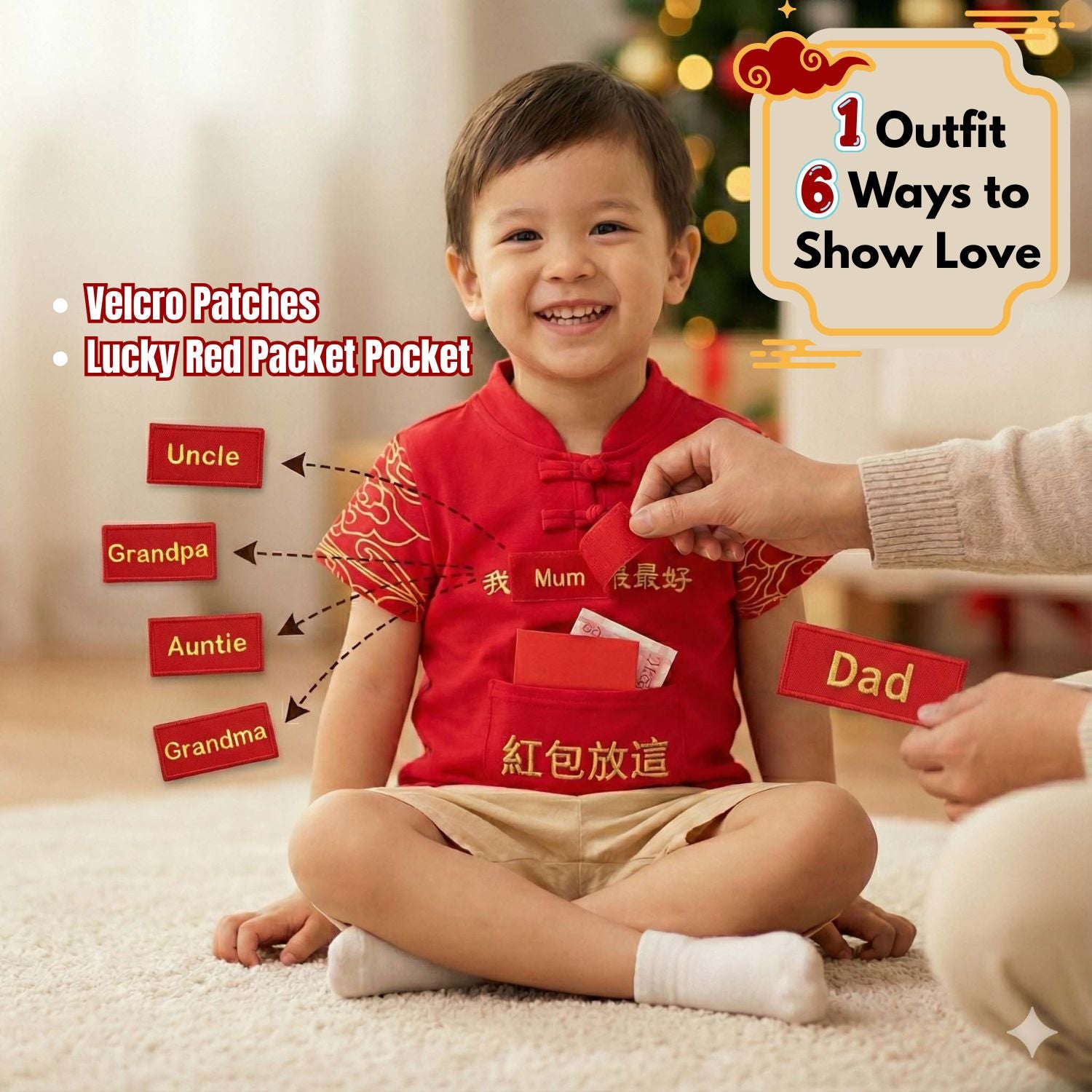 Singapore Souvenir Gift Ready Stock Kids CNY Outfit 6-in-1 Interchangeable Family Velcro Top with Red Packet Pocket