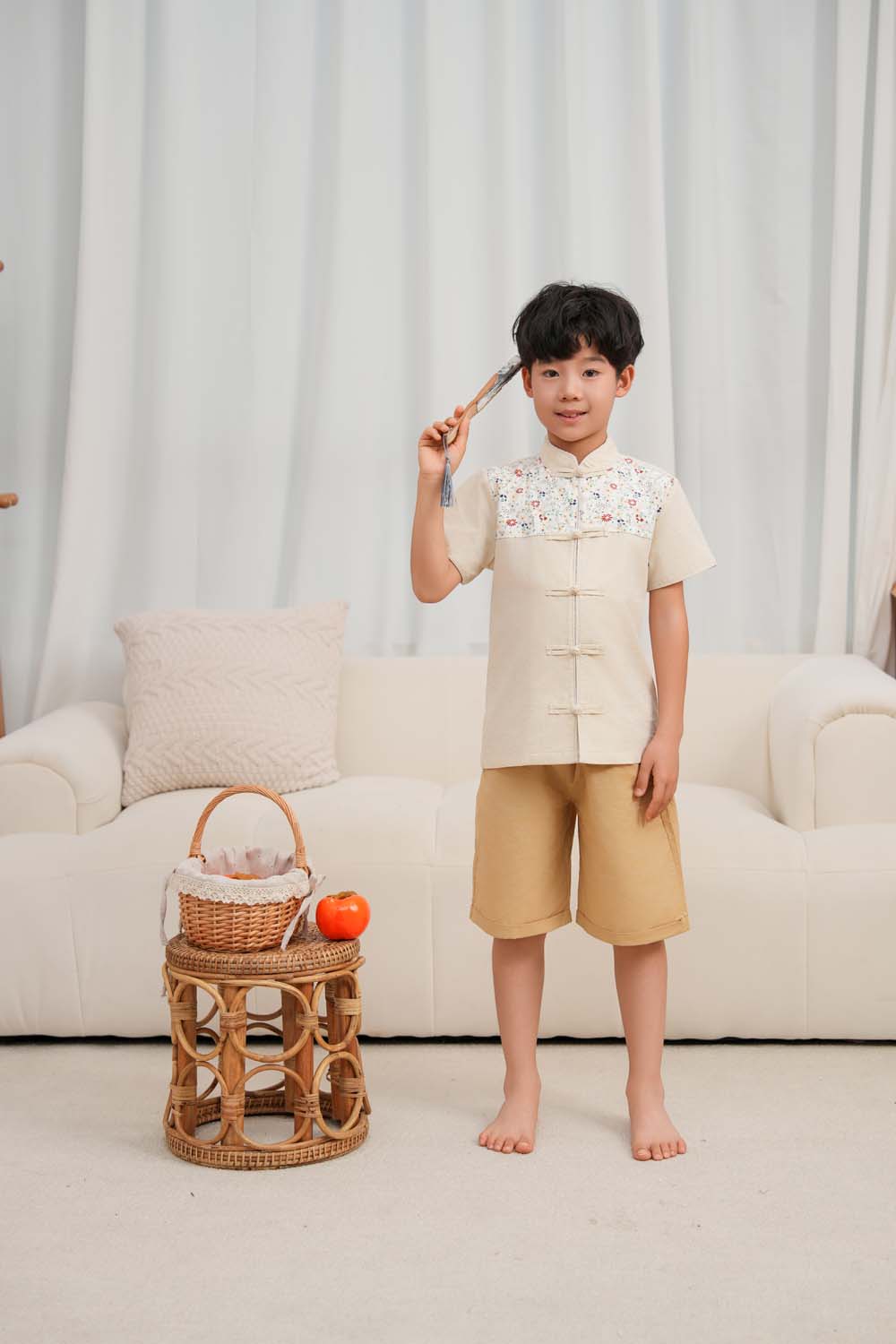 Singapore Souvenir Gift Blossom Harmony Collection Baby Kids Boys Beige Cheongsam Set Little Flower Prints Top n Shorts CNY Chinese New Year Outfit 0819 - Little Kooma