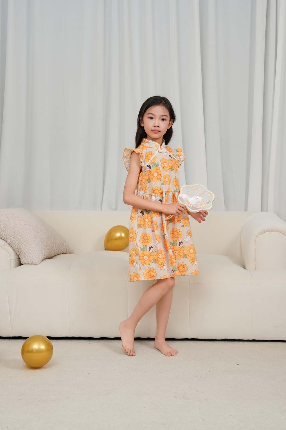 Singapore Souvenir Gift Sunflowers Little Girl n Cat Baby Kids Girl Cheongsam Dress 0846 - Little Kooma