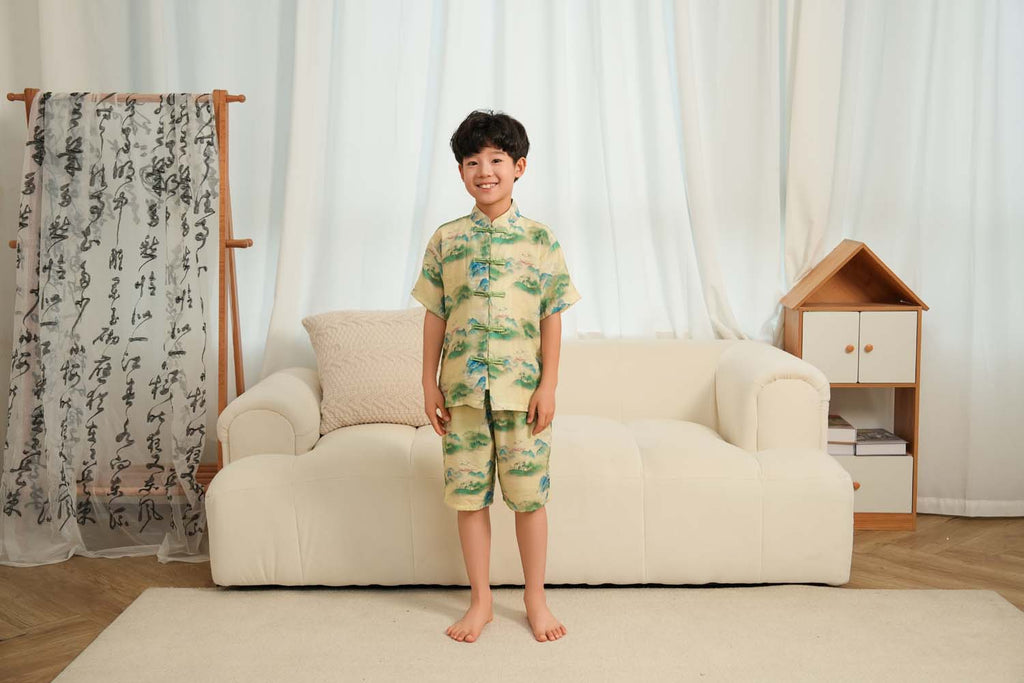 Singapore Souvenir Gift Chinese Landscape Painting Mountains Trees Baby Kids Boys Cheongsam Set Top n Shorts CNY Chinese New Year Outfit 0836 - Little Kooma