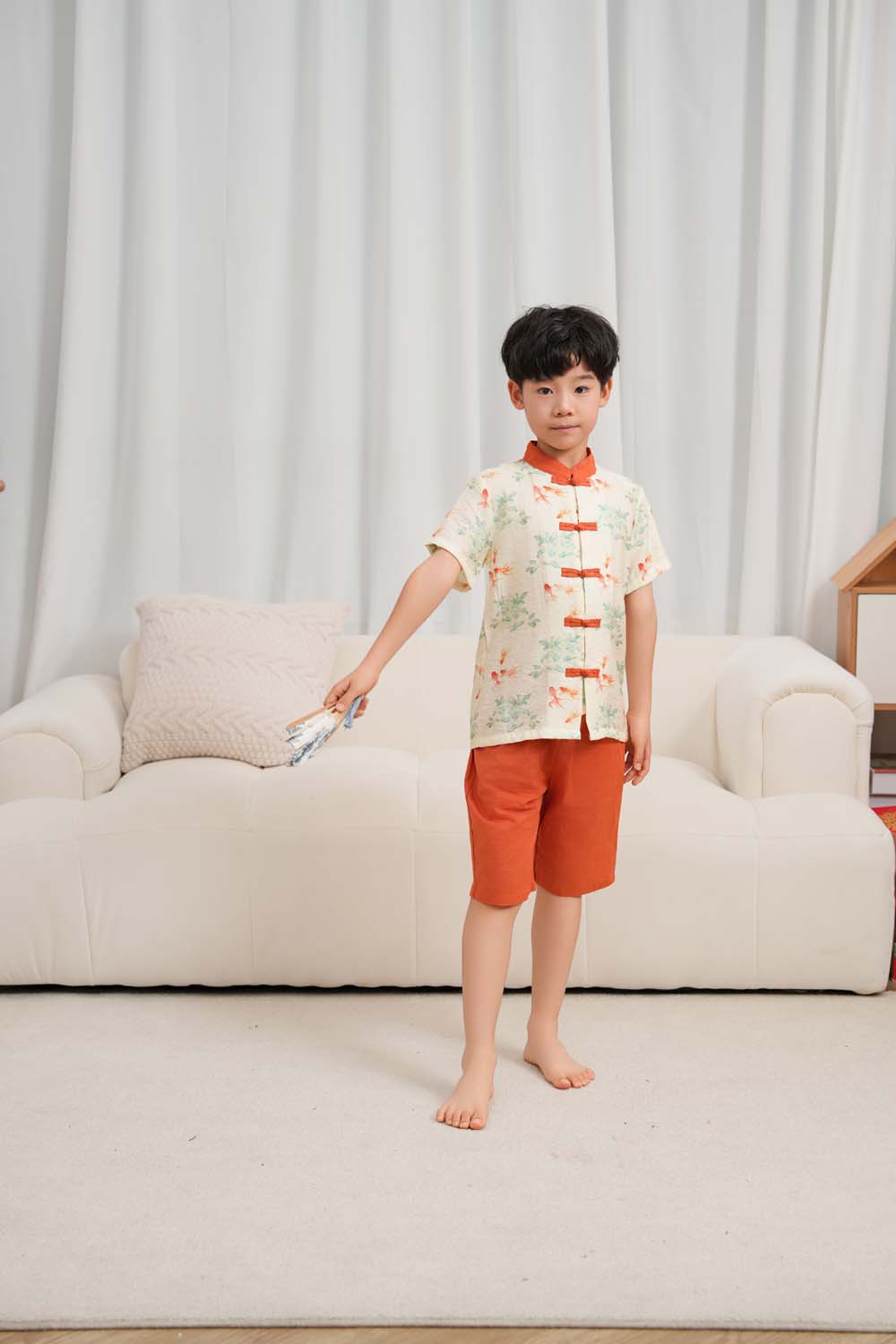 Singapore Souvenir Gift Fortune Bloom Family Set with Golden Fish Baby Kids Boys Cheongsam Set Top n Shorts CNY Chinese New Year Outfit 0829 - Little Kooma