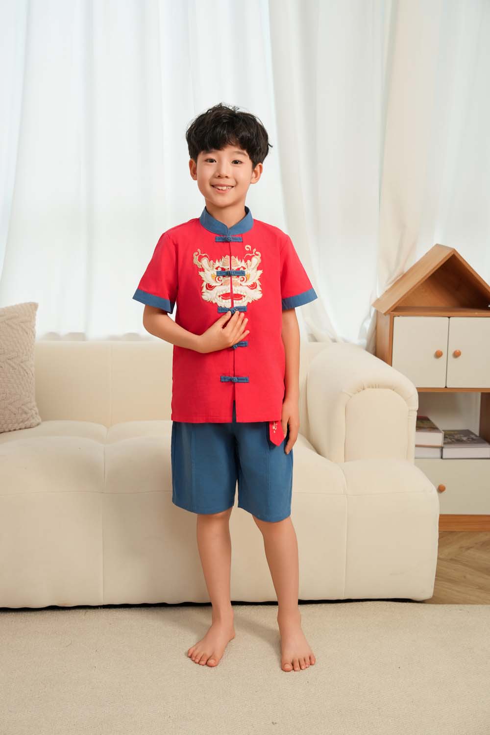 Singapore Souvenir Gift Dancing Lion Baby Kids Boys Cheongsam Set Red Top n Blue Shorts CNY Chinese New Year Outfit 0838 - Little Kooma