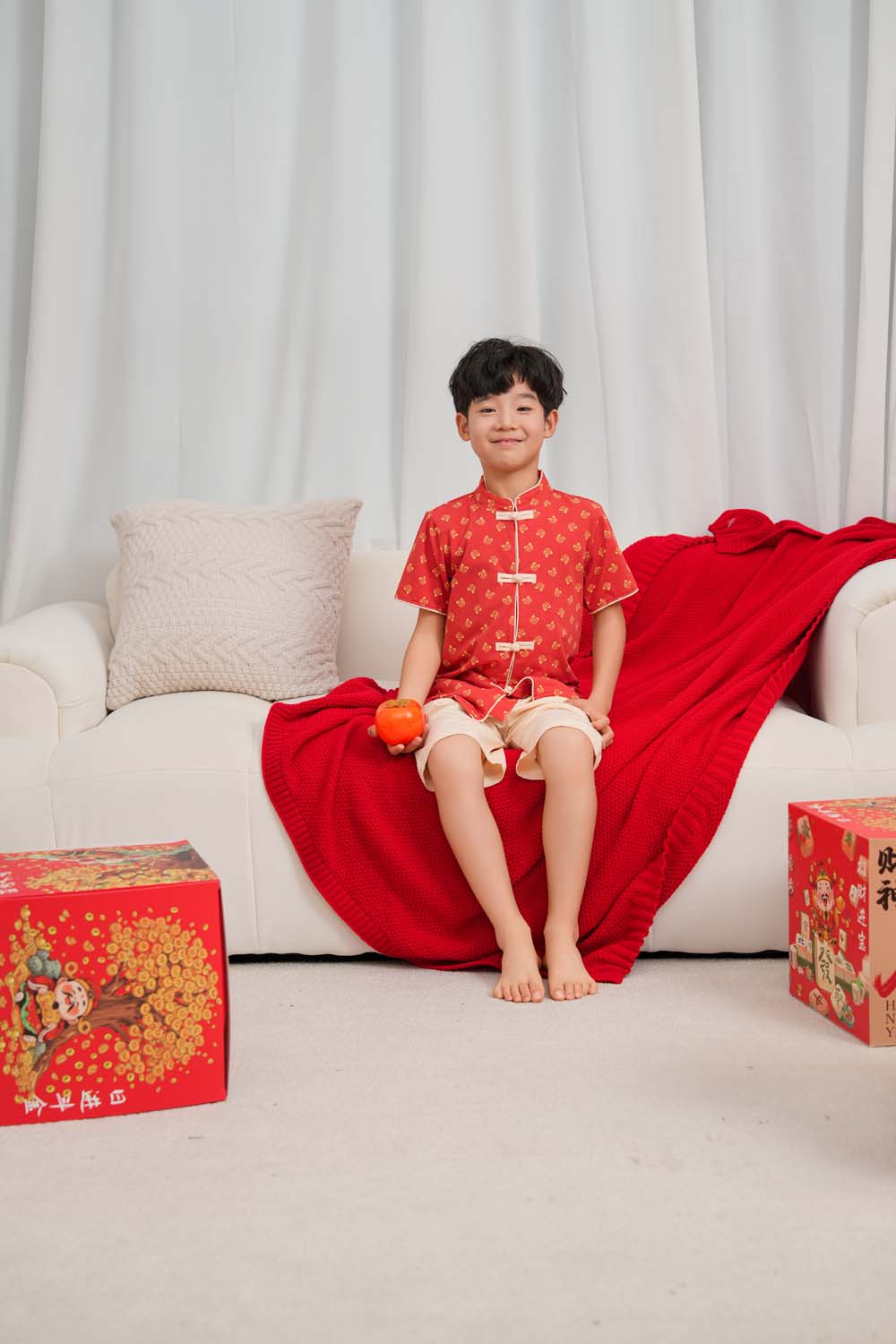 Singapore Souvenir Gift Blessing and Joy Family Set with Lucky Fu Characters Baby Kids Boys Cheongsam Set Top n Shorts CNY Chinese New Year Outfit 0832 - Little Kooma