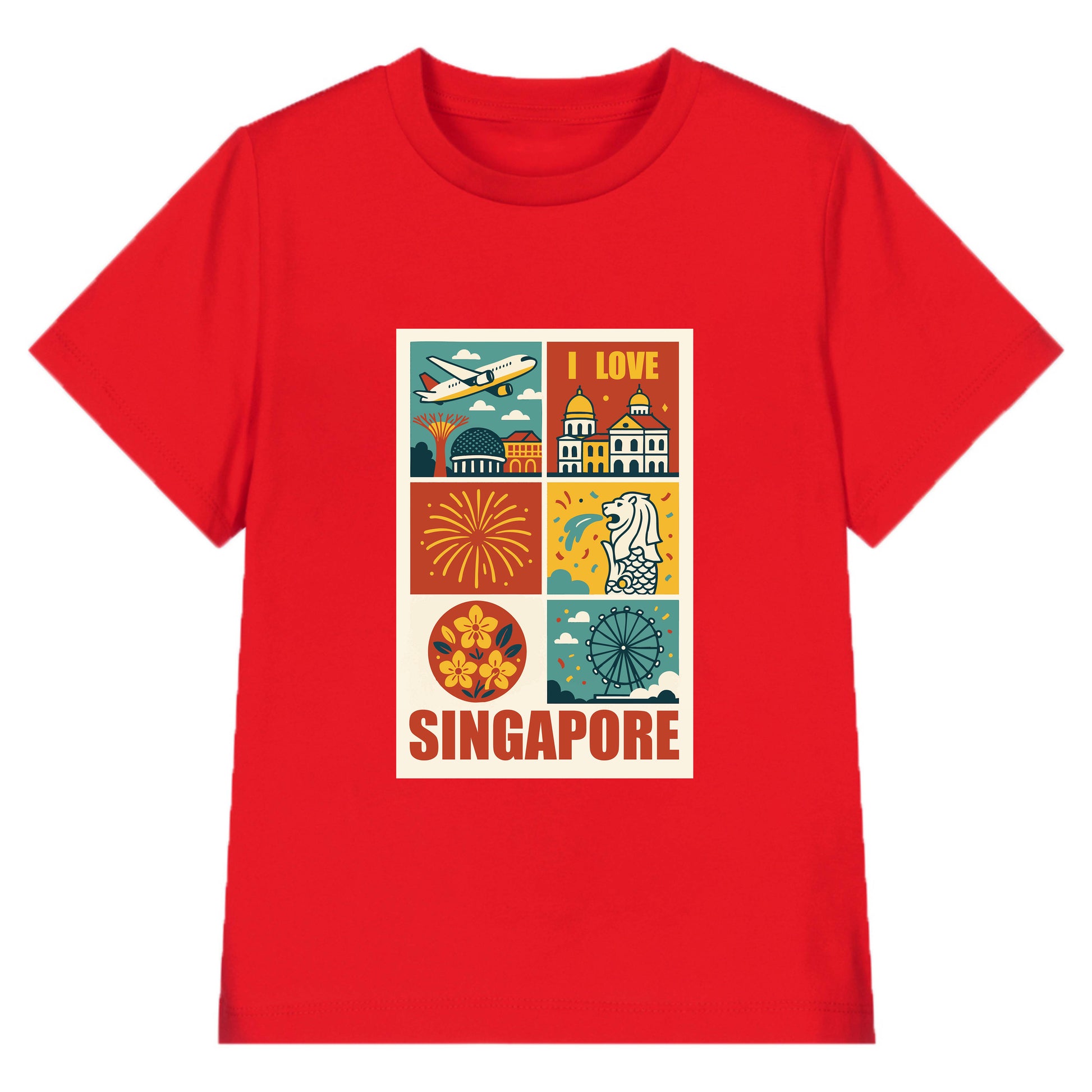 National Day NDP Red Top - Baby Kids Red T-shirt Retro Pop-art Style with Merlion Skyline Plane Icons National Day Top Outfit