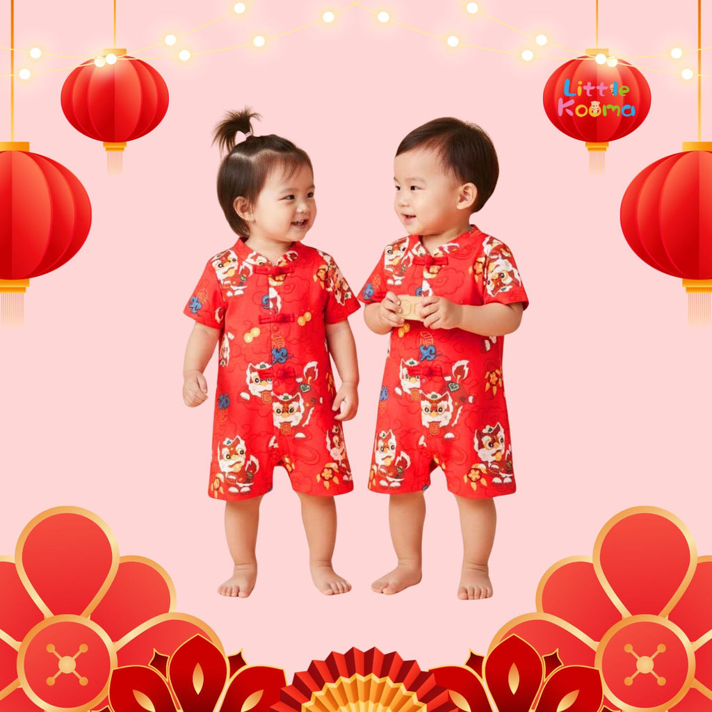 Ready Stock CNY Red Lion Dance Baby Boy Cheongsam Romper Singapore Outfit