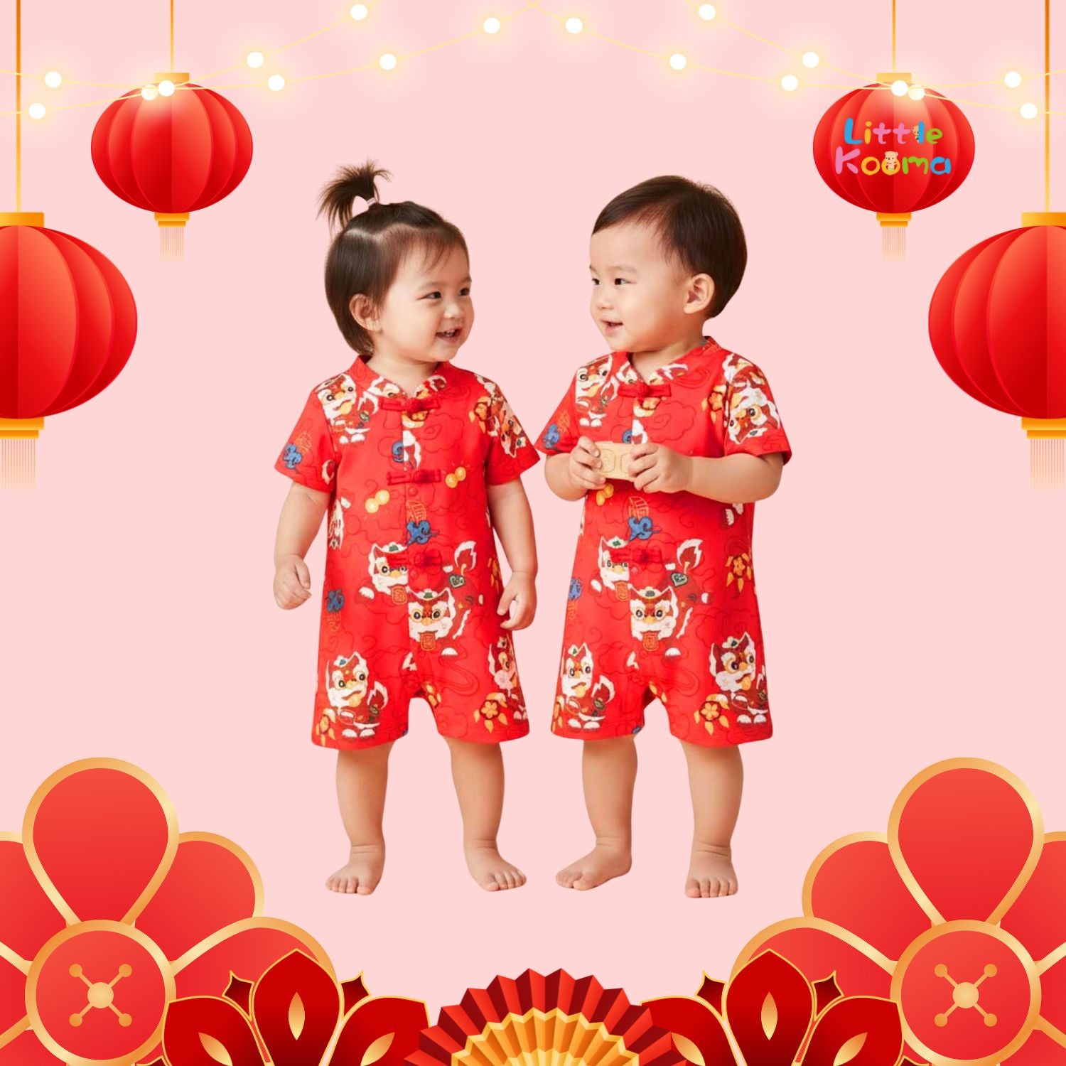 Ready Stock CNY Red Lion Dance Baby Boy Cheongsam Romper Singapore Outfit