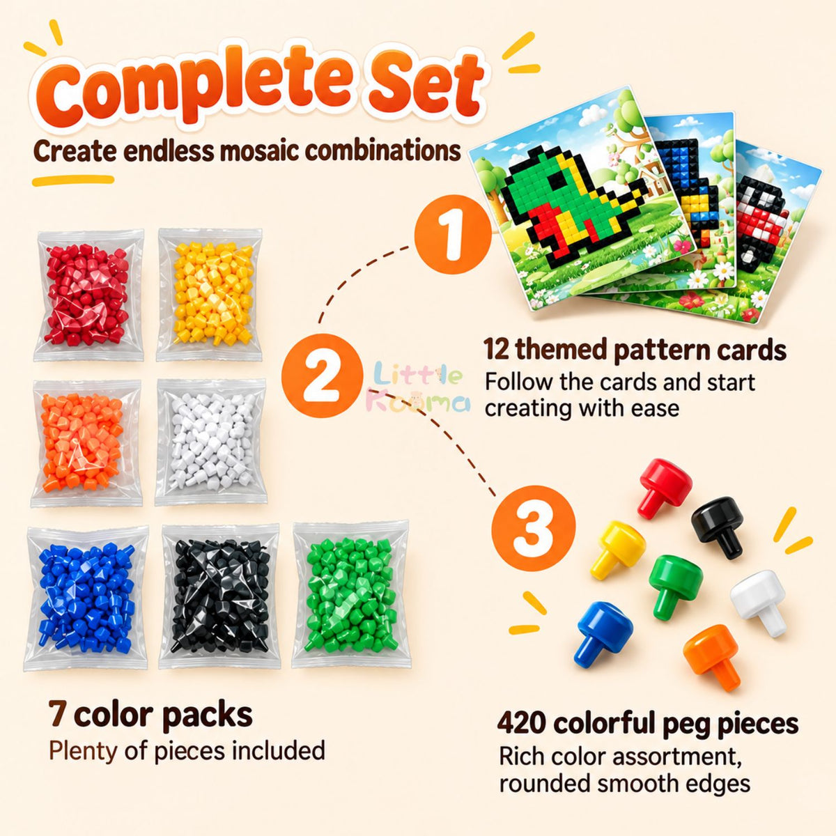 3D Peg Art Puzzle for Kids 420pcs Mushroom Peg Mosaic Pixel Art Board Educational Toy Age 3+ - Little Kooma