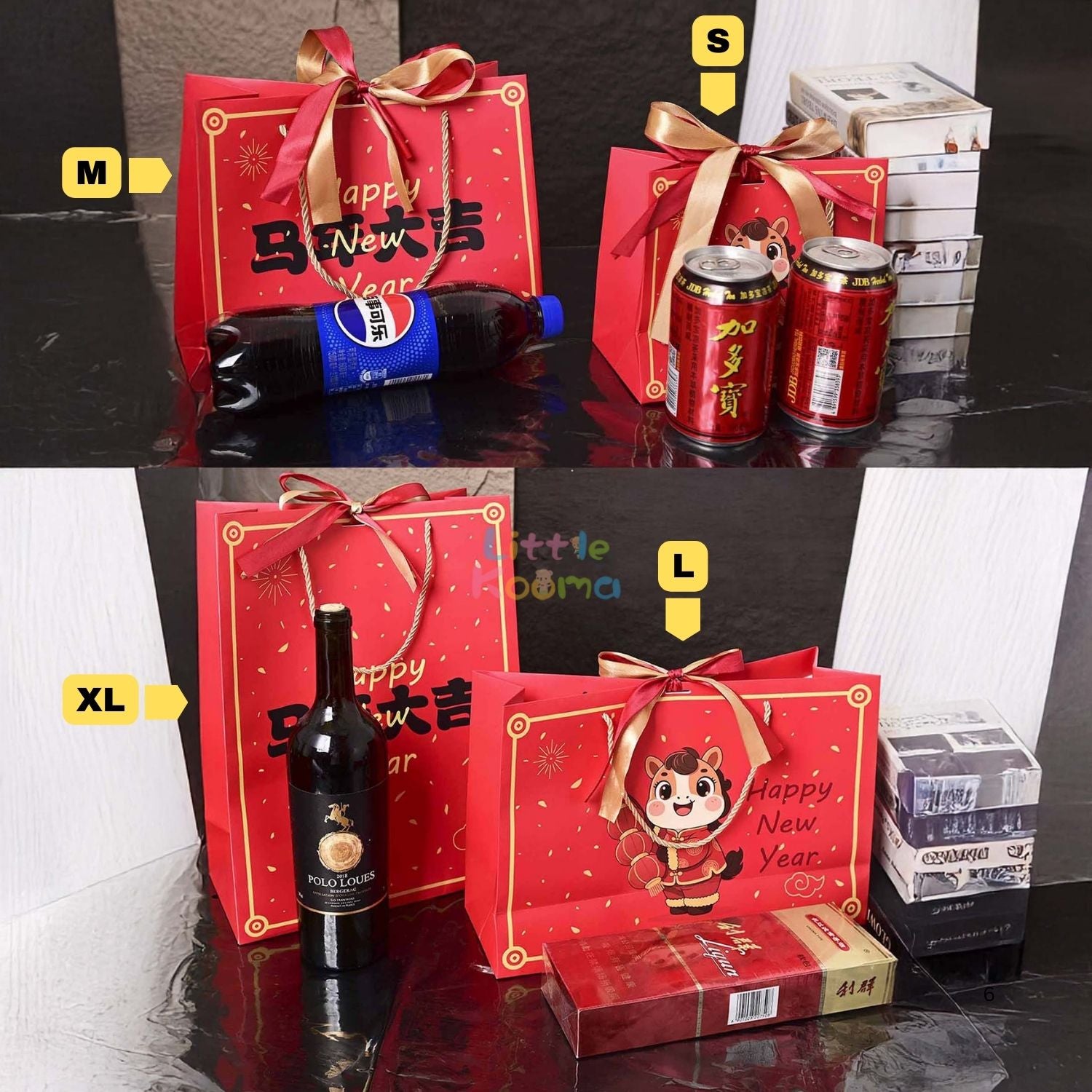 Ready Stock CNY Horse Year Gift Bag Paper Carrier Bag with Ribbon Bow Handle (4 Sizes)