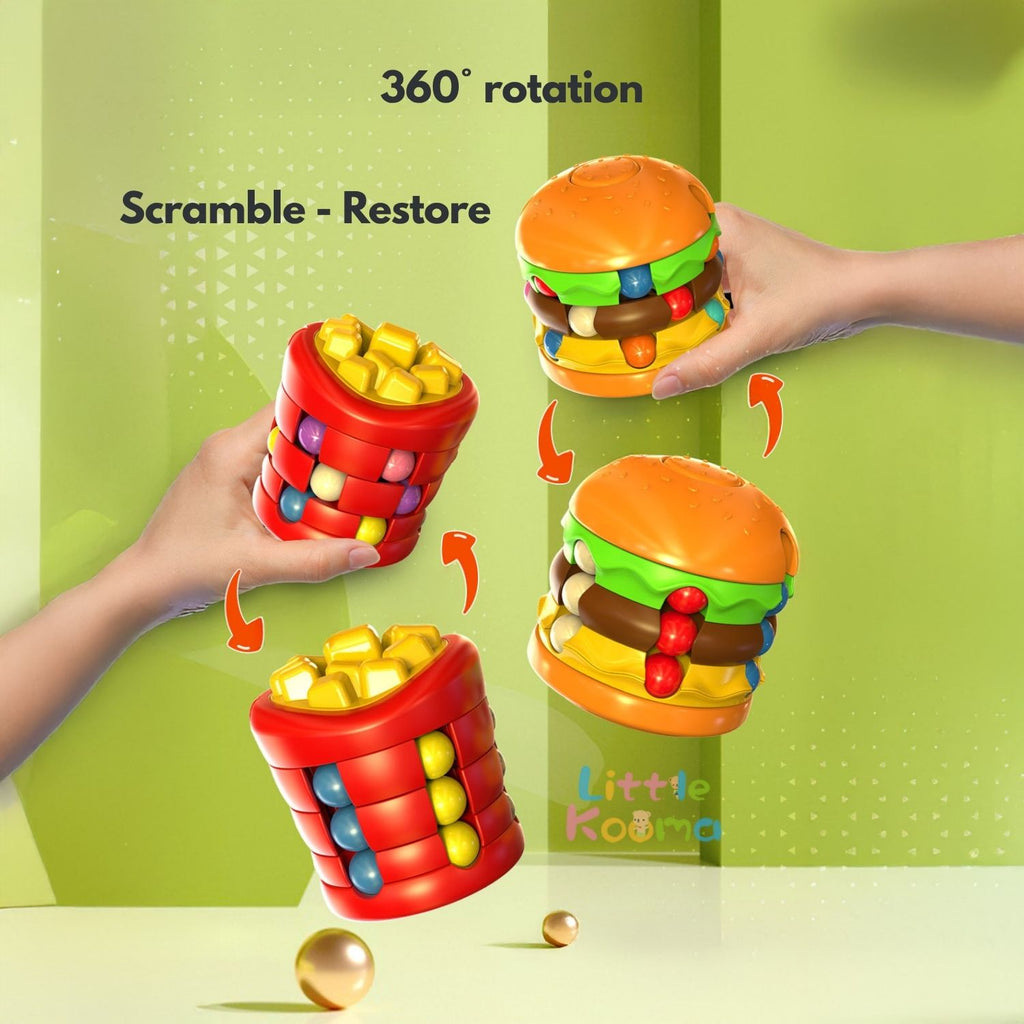 Ready Stock Creative Burger Fries Magic Bean Cube 360° Rotating Fidget Toy for Kid 3 Years + - Little Kooma