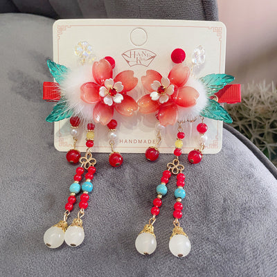 Chinese New Year CNY Red Baby kids Girl's Crystal Beads Head Clips Hair Accessories - Little Kooma