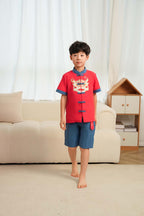 Singapore Souvenir Gift Dancing Lion Baby Kids Boys Cheongsam Set Red Top n Blue Shorts CNY Chinese New Year Outfit 0838 - Little Kooma