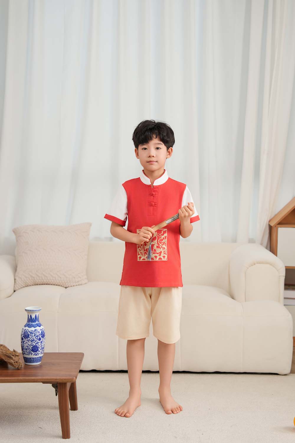 Singapore Souvenir Gift Majestic Phoenix Cheongsam Symbol of Power and Renewal Baby Kids Boys Cheongsam Set Top n Shorts CNY Chinese New Year Outfit 0837 - Little Kooma