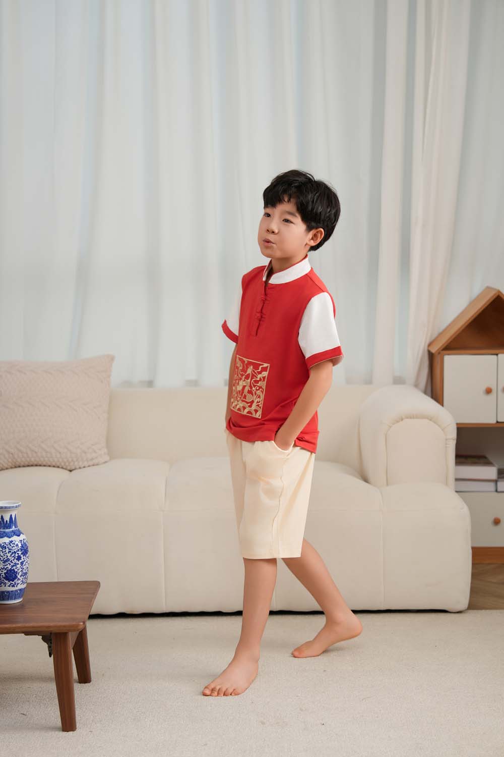 Singapore Souvenir Gift Majestic Phoenix Cheongsam Symbol of Power and Renewal Baby Kids Boys Cheongsam Set Top n Shorts CNY Chinese New Year Outfit 0837 - Little Kooma