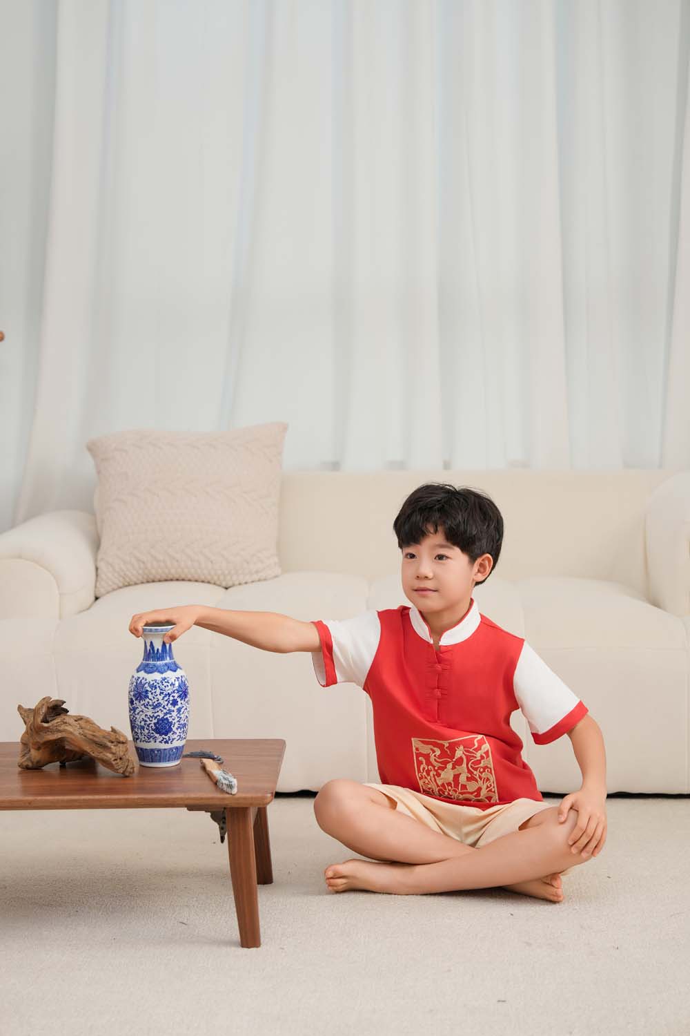 Singapore Souvenir Gift Majestic Phoenix Cheongsam Symbol of Power and Renewal Baby Kids Boys Cheongsam Set Top n Shorts CNY Chinese New Year Outfit 0837 - Little Kooma