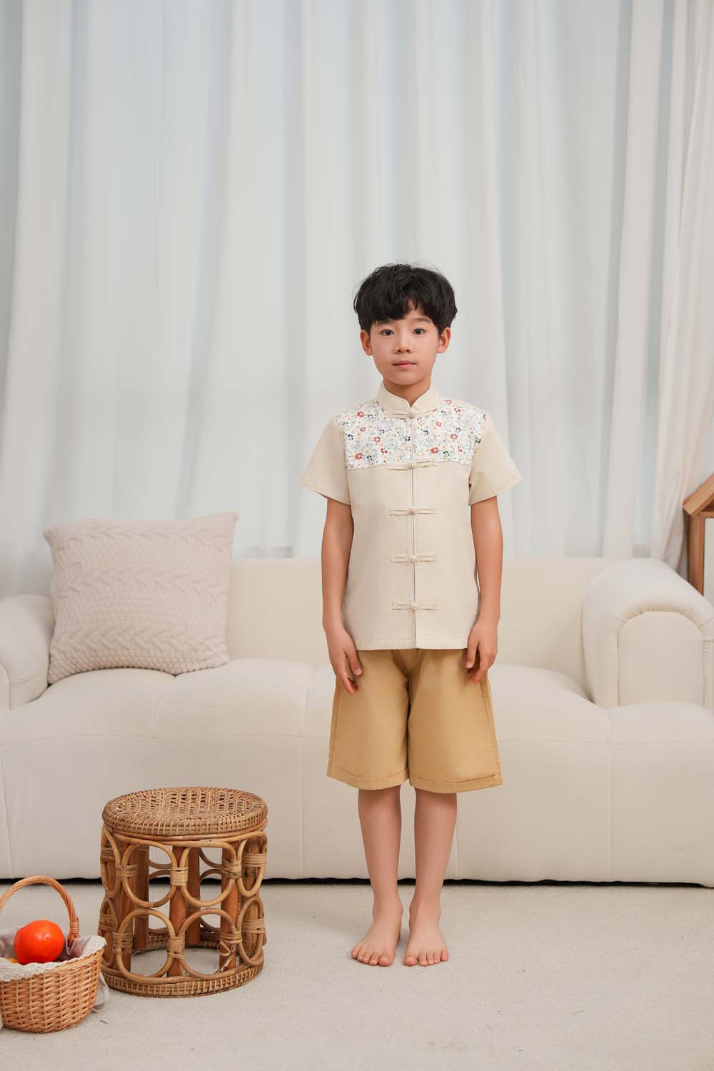 Singapore Souvenir Gift Blossom Harmony Collection Baby Kids Boys Beige Cheongsam Set Little Flower Prints Top n Shorts CNY Chinese New Year Outfit 0819 - Little Kooma