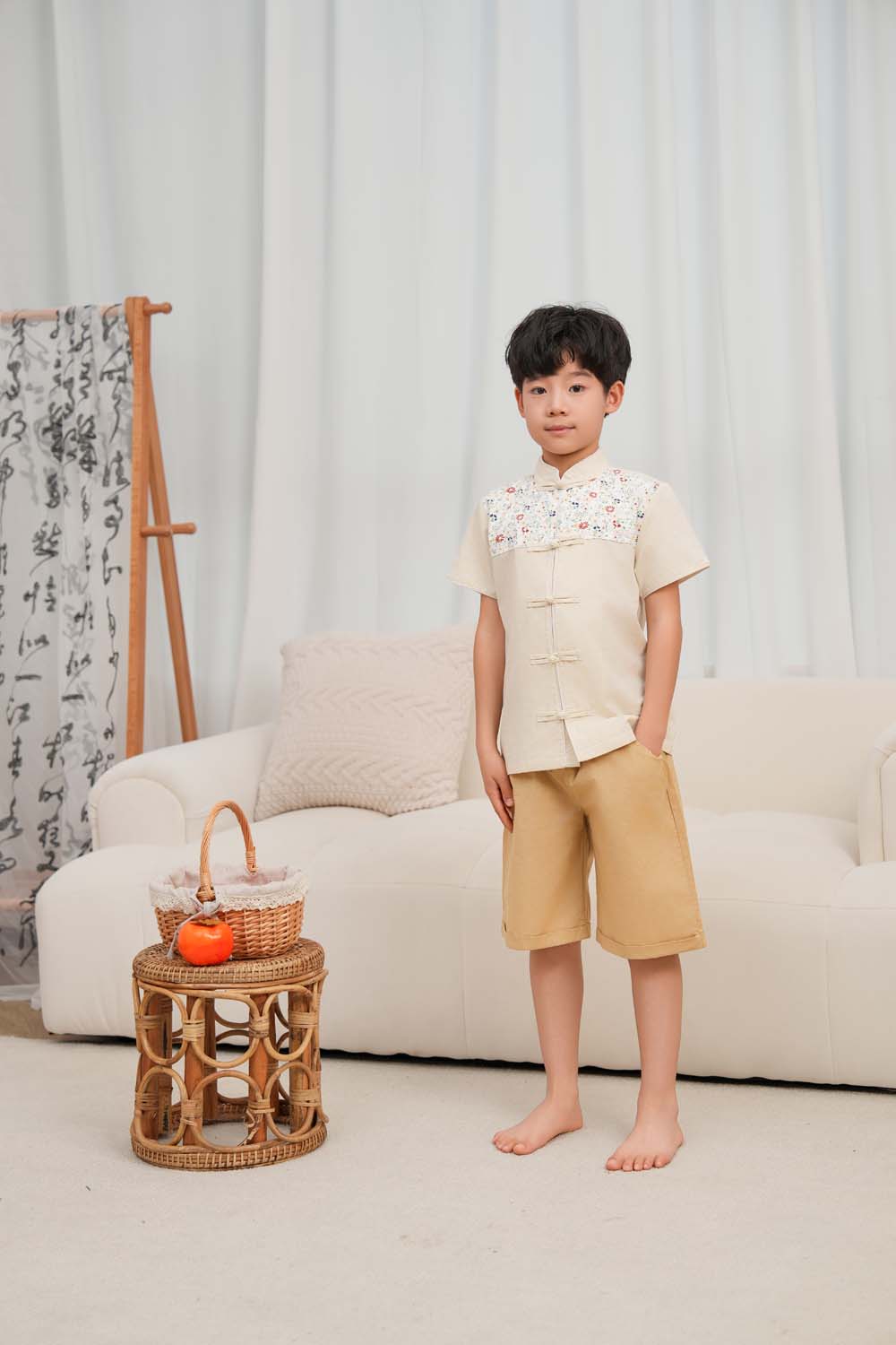 Singapore Souvenir Gift Blossom Harmony Collection Baby Kids Boys Beige Cheongsam Set Little Flower Prints Top n Shorts CNY Chinese New Year Outfit 0819 - Little Kooma
