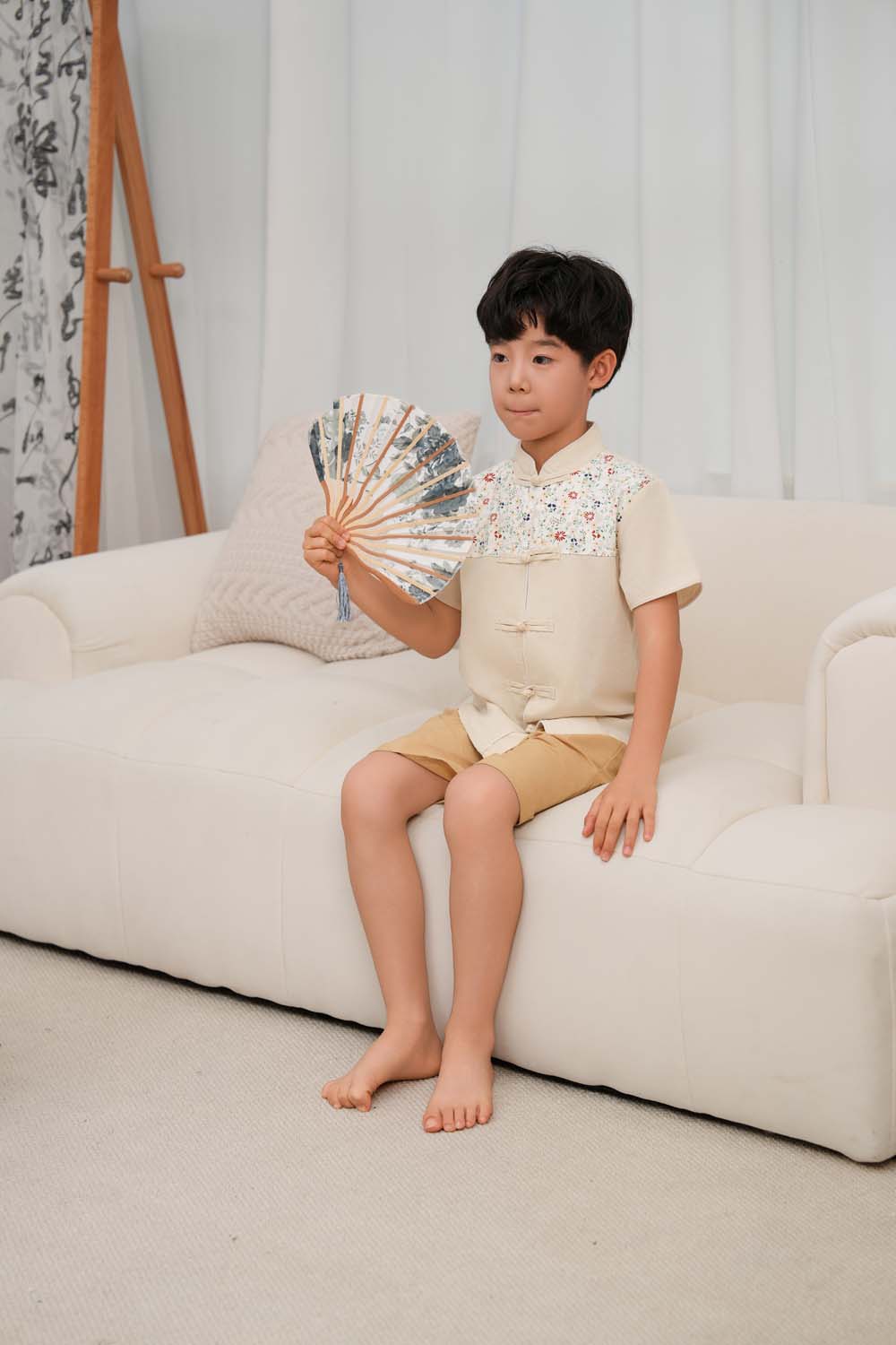 Singapore Souvenir Gift Blossom Harmony Collection Baby Kids Boys Beige Cheongsam Set Little Flower Prints Top n Shorts CNY Chinese New Year Outfit 0819 - Little Kooma