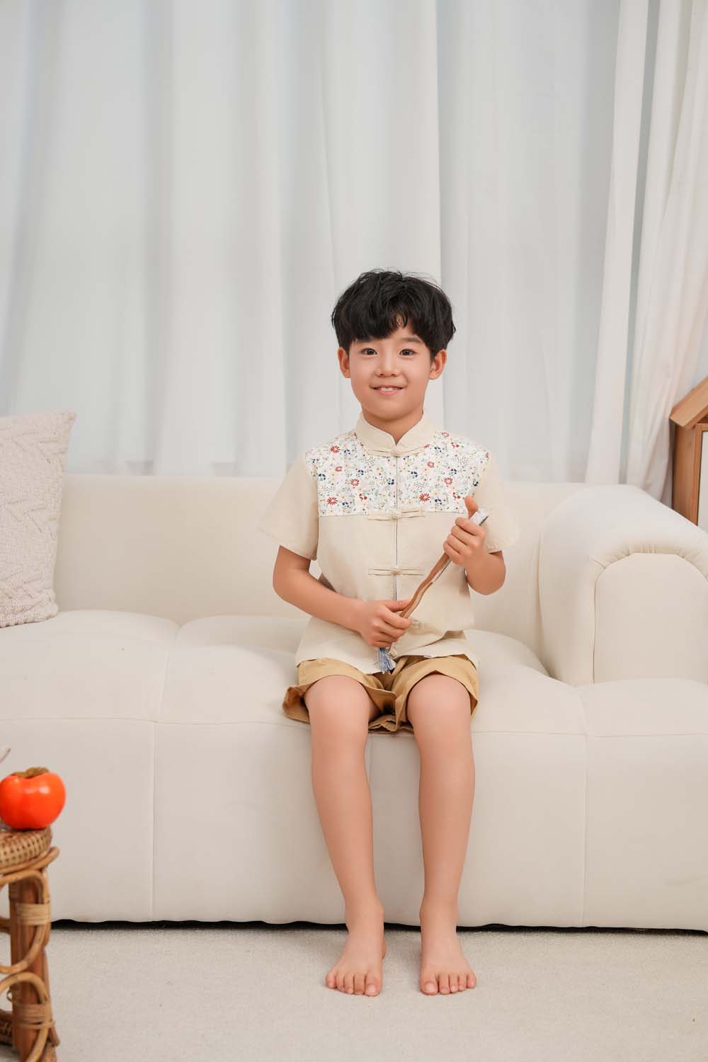 Singapore Souvenir Gift Blossom Harmony Collection Baby Kids Boys Beige Cheongsam Set Little Flower Prints Top n Shorts CNY Chinese New Year Outfit 0819 - Little Kooma