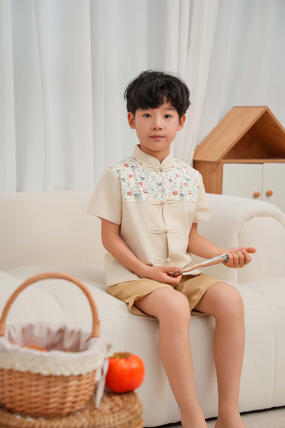 Singapore Souvenir Gift Blossom Harmony Collection Baby Kids Boys Beige Cheongsam Set Little Flower Prints Top n Shorts CNY Chinese New Year Outfit 0819 - Little Kooma
