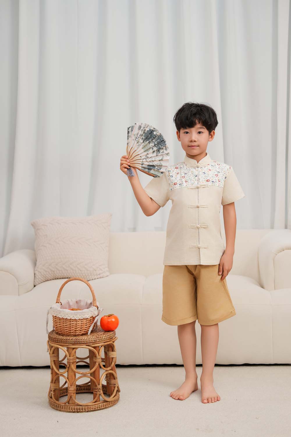 Singapore Souvenir Gift Blossom Harmony Collection Baby Kids Boys Beige Cheongsam Set Little Flower Prints Top n Shorts CNY Chinese New Year Outfit 0819 - Little Kooma