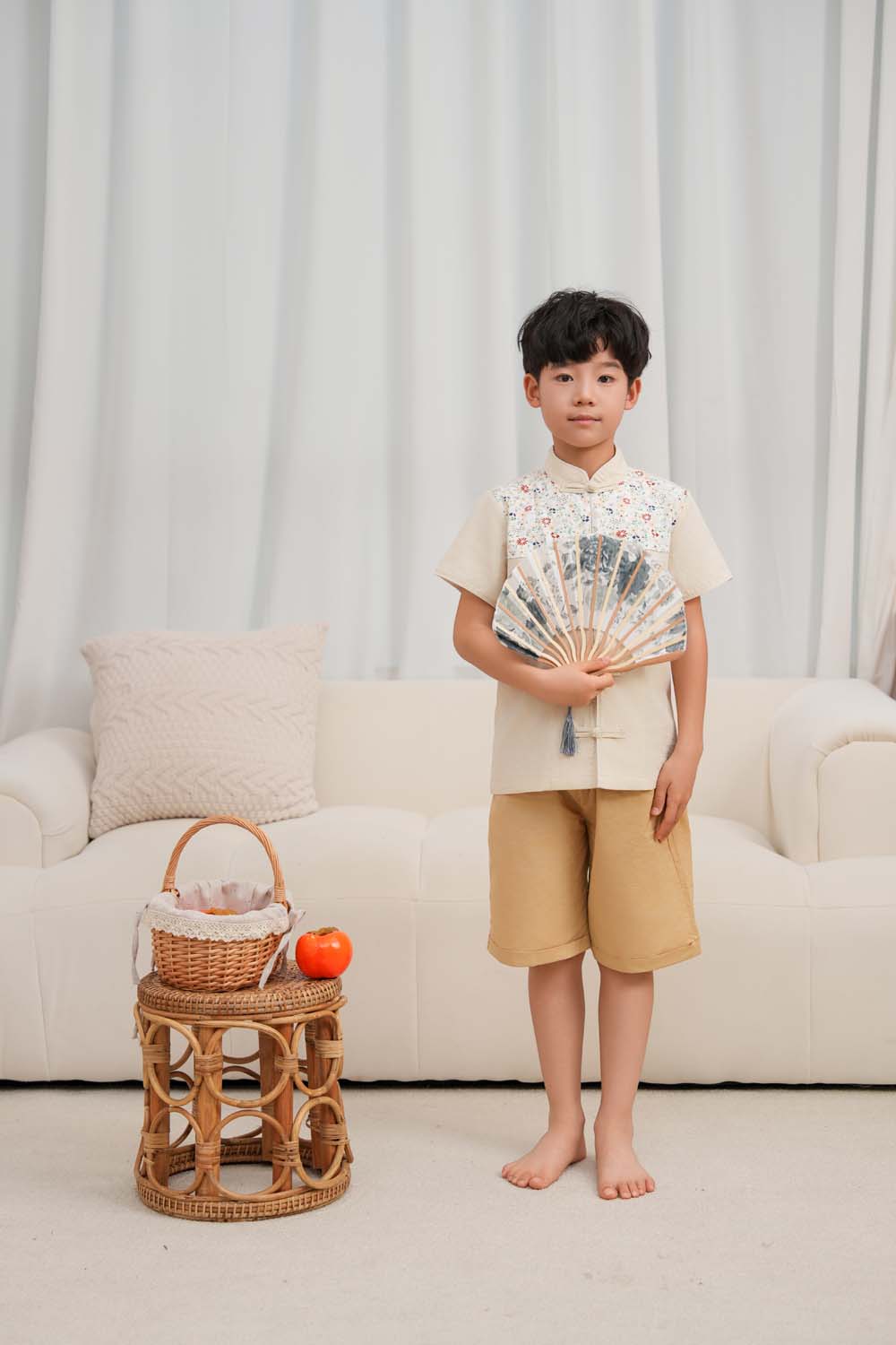 Singapore Souvenir Gift Blossom Harmony Collection Baby Kids Boys Beige Cheongsam Set Little Flower Prints Top n Shorts CNY Chinese New Year Outfit 0819 - Little Kooma