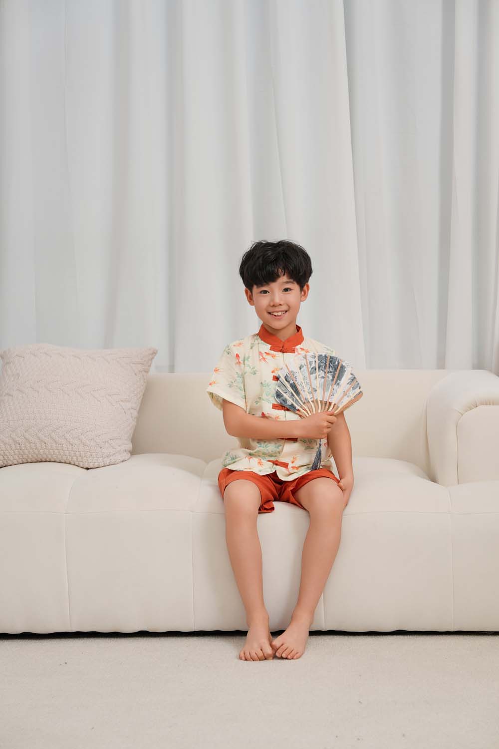 Singapore Souvenir Gift Fortune Bloom Family Set with Golden Fish Baby Kids Boys Cheongsam Set Top n Shorts CNY Chinese New Year Outfit 0829 - Little Kooma
