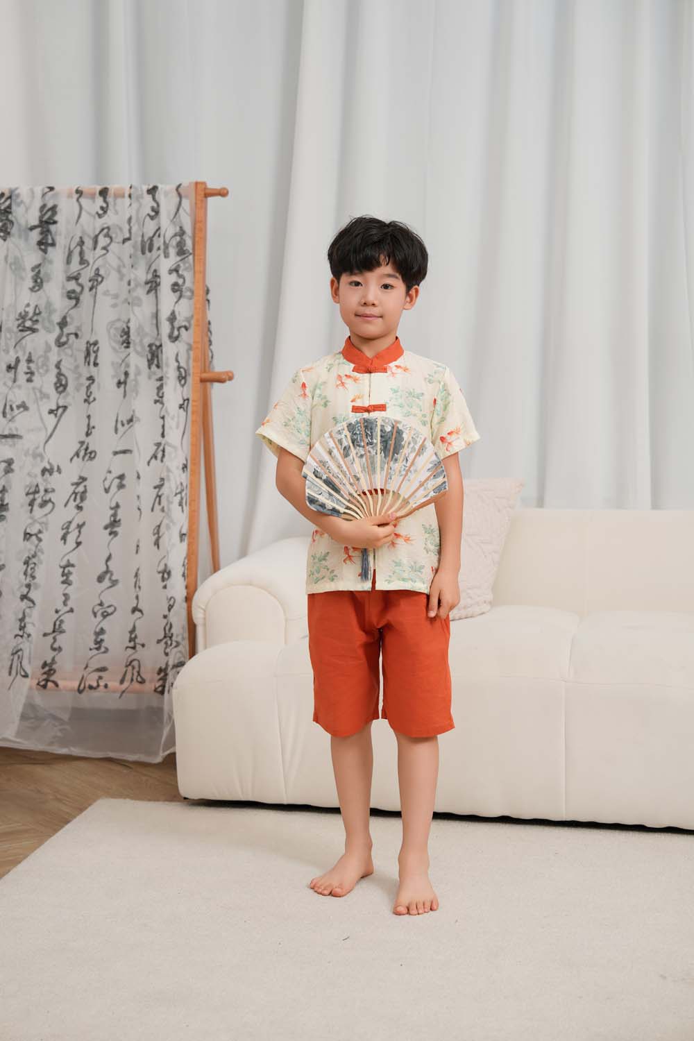 Singapore Souvenir Gift Fortune Bloom Family Set with Golden Fish Baby Kids Boys Cheongsam Set Top n Shorts CNY Chinese New Year Outfit 0829 - Little Kooma