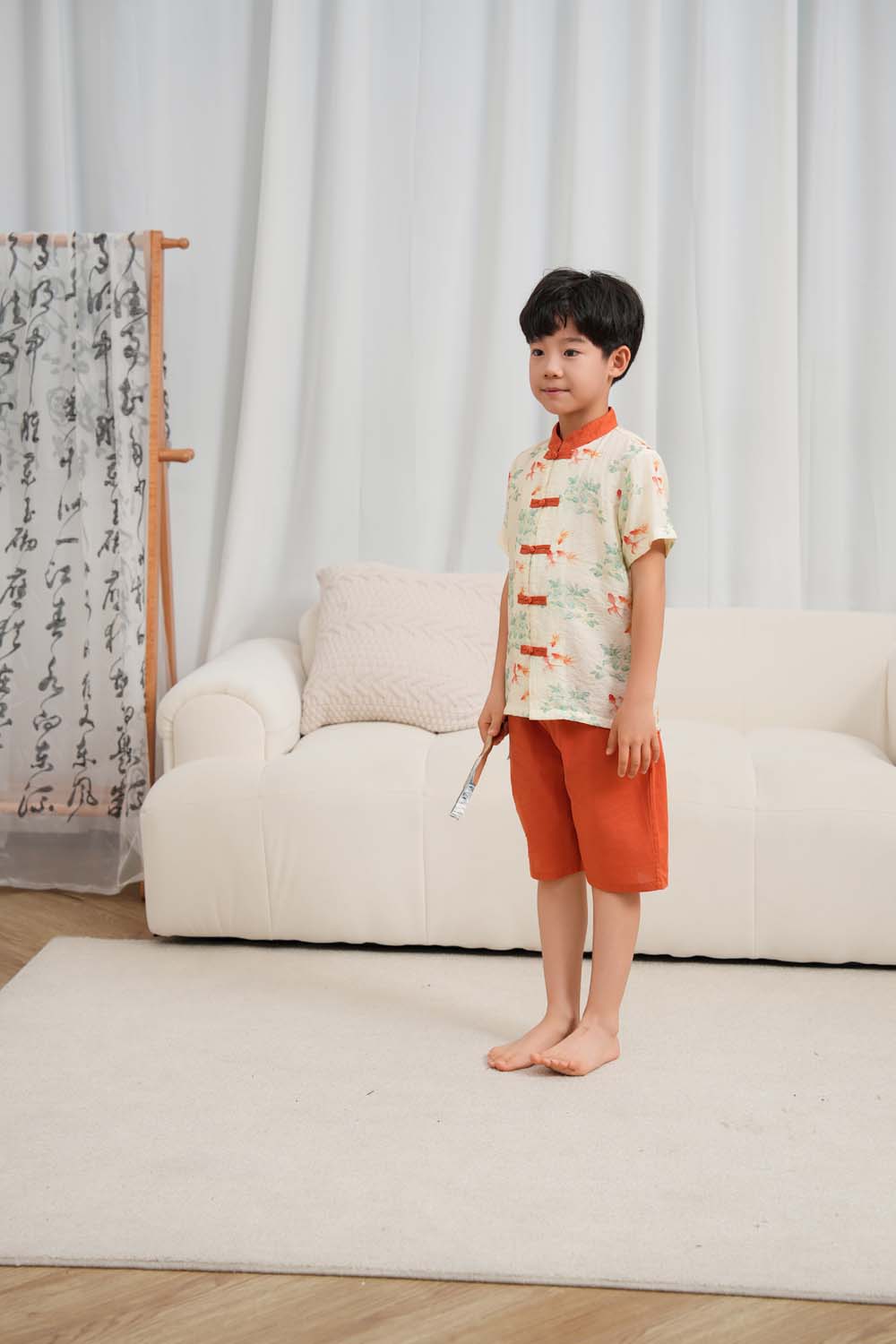 Singapore Souvenir Gift Fortune Bloom Family Set with Golden Fish Baby Kids Boys Cheongsam Set Top n Shorts CNY Chinese New Year Outfit 0829 - Little Kooma