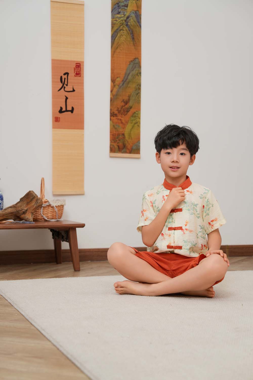 Singapore Souvenir Gift Fortune Bloom Family Set with Golden Fish Baby Kids Boys Cheongsam Set Top n Shorts CNY Chinese New Year Outfit 0829 - Little Kooma