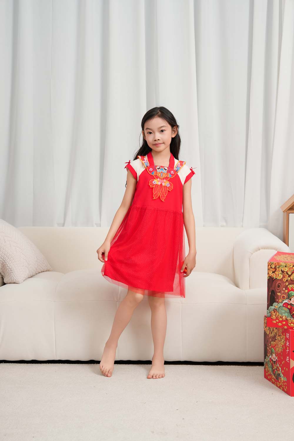 Singapore Souvenir Gift Wealth and Harmony Red Family Set with Golden Fish Embroidery Baby Kids Girl Cheongsam Dress 0833 - Little Kooma