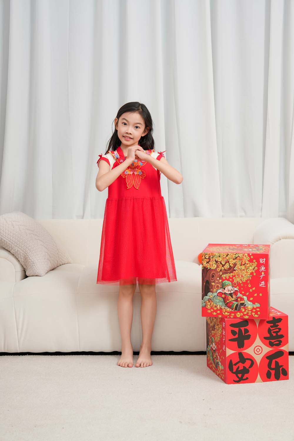 Singapore Souvenir Gift Wealth and Harmony Red Family Set with Golden Fish Embroidery Baby Kids Girl Cheongsam Dress 0833 - Little Kooma