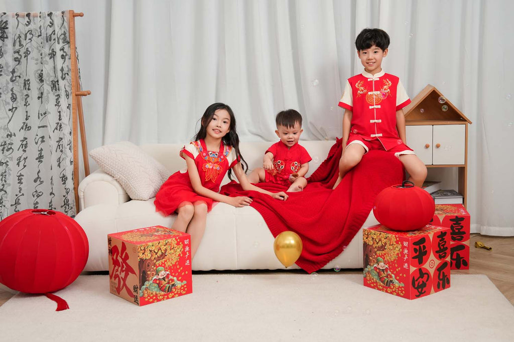 Singapore Souvenir Gift Wealth and Harmony Red Family Set with Golden Fish Baby Boy Cheongsam Romper 0834 - Little Kooma