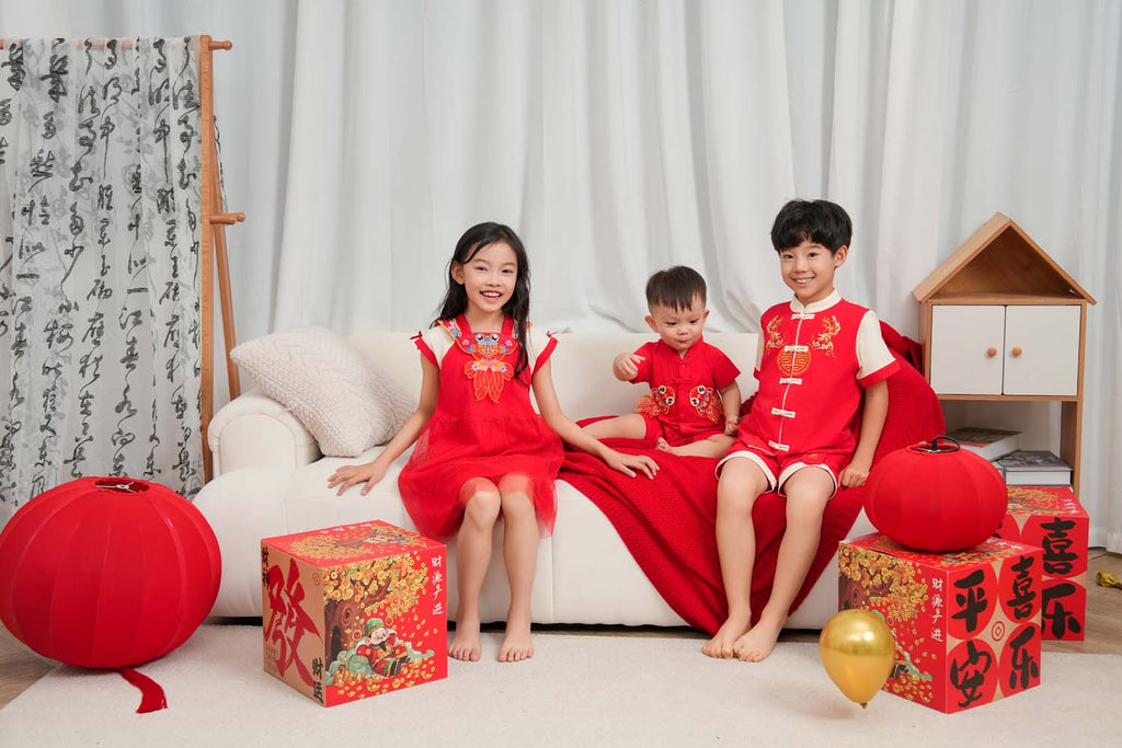 Singapore Souvenir Gift Wealth and Harmony Red Family Set with Golden Fish Baby Boy Cheongsam Romper 0834 - Little Kooma