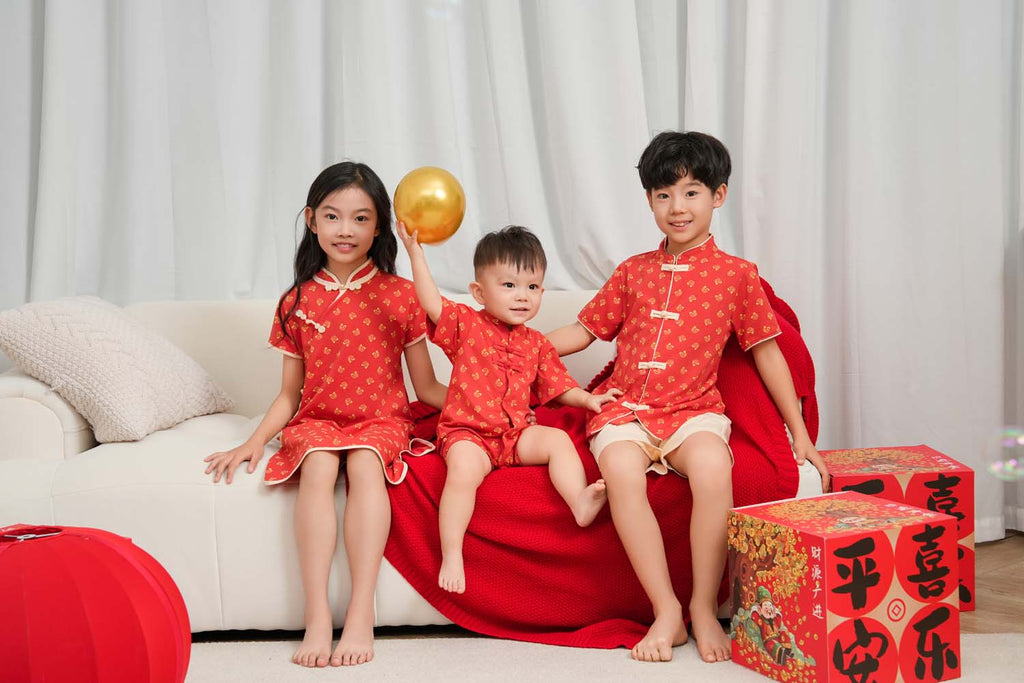 Singapore Souvenir Gift Blessing and Joy Family Set with Lucky Fu Characters Baby Kids Boys Cheongsam Set Top n Shorts CNY Chinese New Year Outfit 0832 - Little Kooma