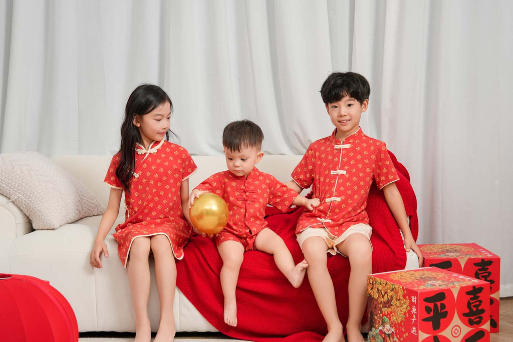 Singapore Souvenir Gift Blessing and Joy Family Set with Lucky Fu Characters Baby Kids Boys Cheongsam Set Top n Shorts CNY Chinese New Year Outfit 0832 - Little Kooma