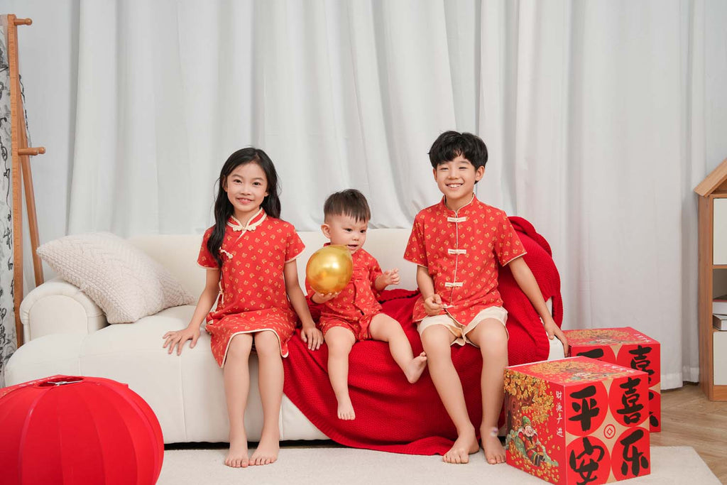 Singapore Souvenir Gift Blessing and Joy Family Set with Lucky Fu Characters Baby Kids Boys Cheongsam Set Top n Shorts CNY Chinese New Year Outfit 0832 - Little Kooma