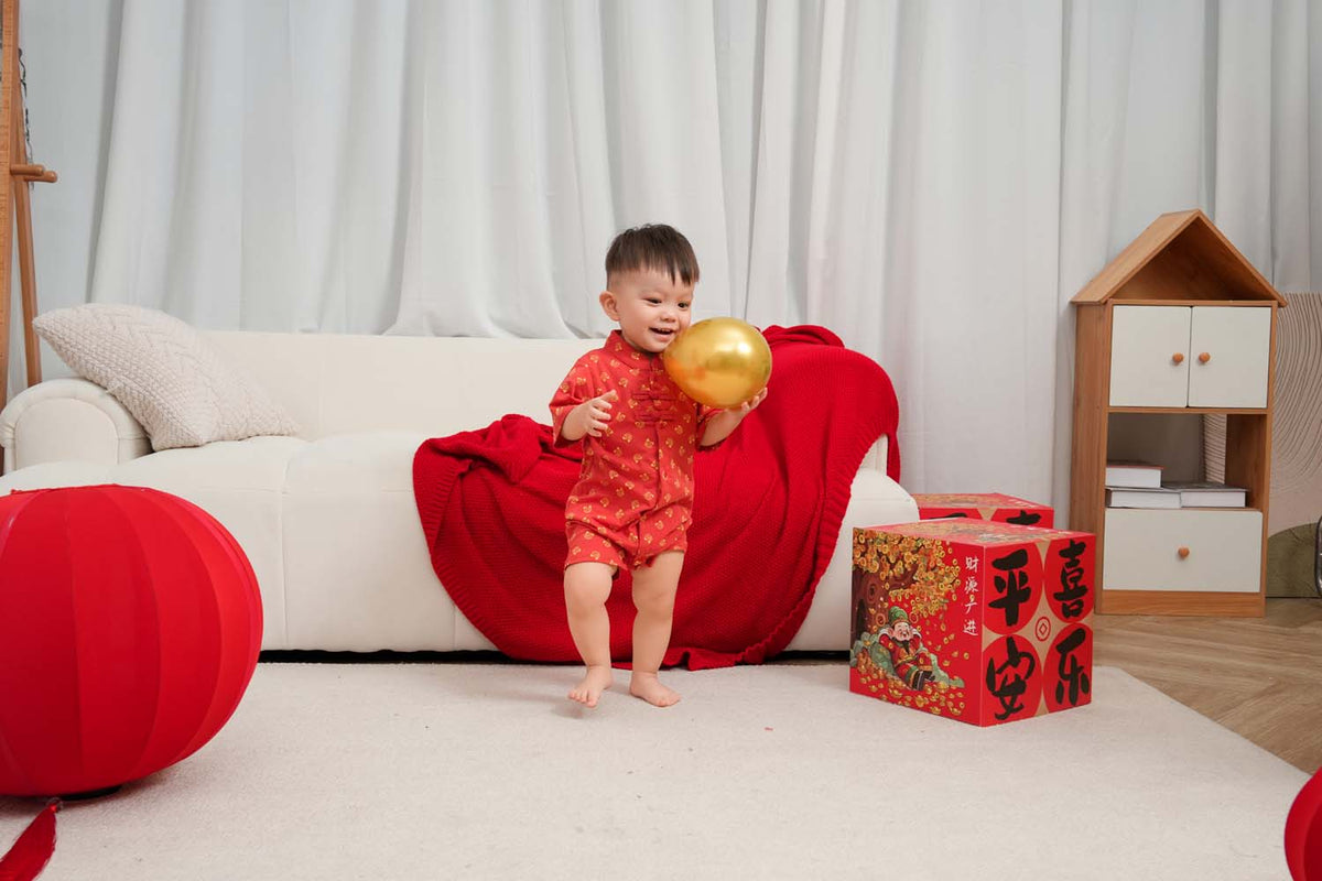 Singapore Souvenir Gift Blessing and Joy Family Set with Lucky Fu Characters Baby Boy Cheongsam Romper 0831 - Little Kooma