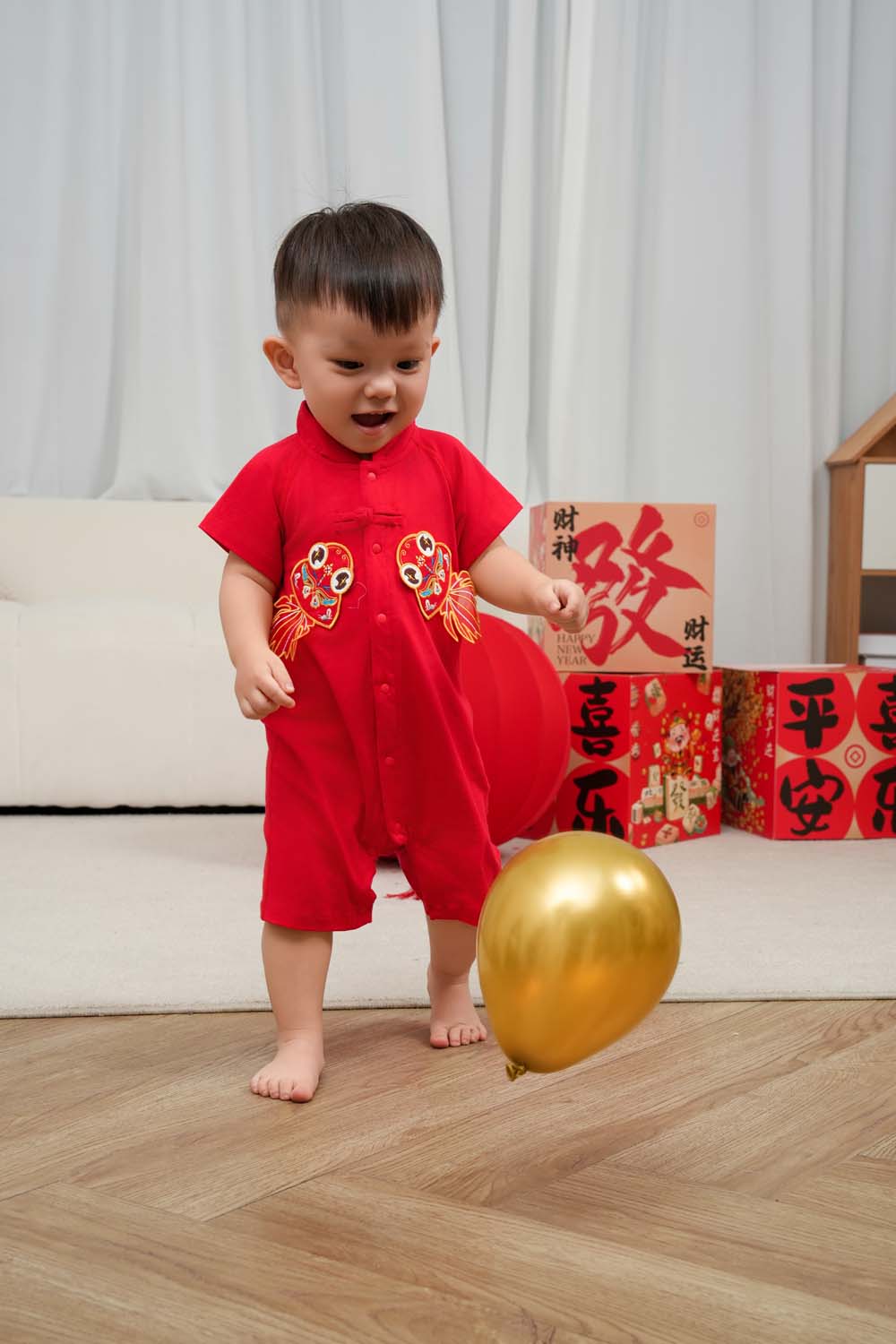 Singapore Souvenir Gift Wealth and Harmony Red Family Set with Golden Fish Baby Boy Cheongsam Romper 0834 - Little Kooma