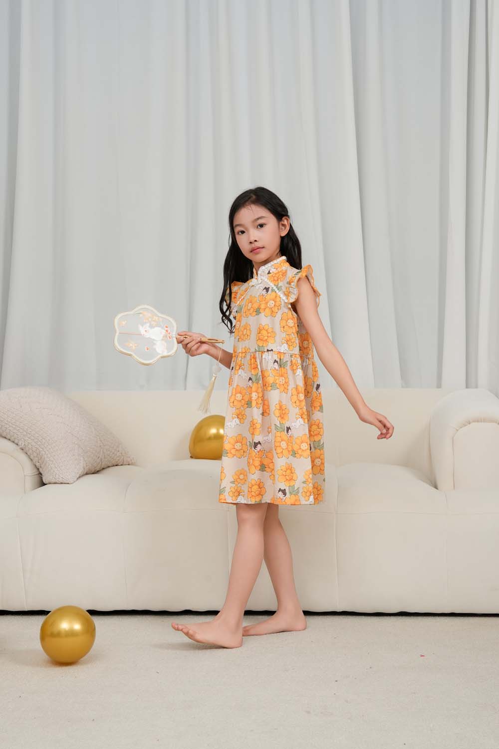 Singapore Souvenir Gift Sunflowers Little Girl n Cat Baby Kids Girl Cheongsam Dress 0846 - Little Kooma