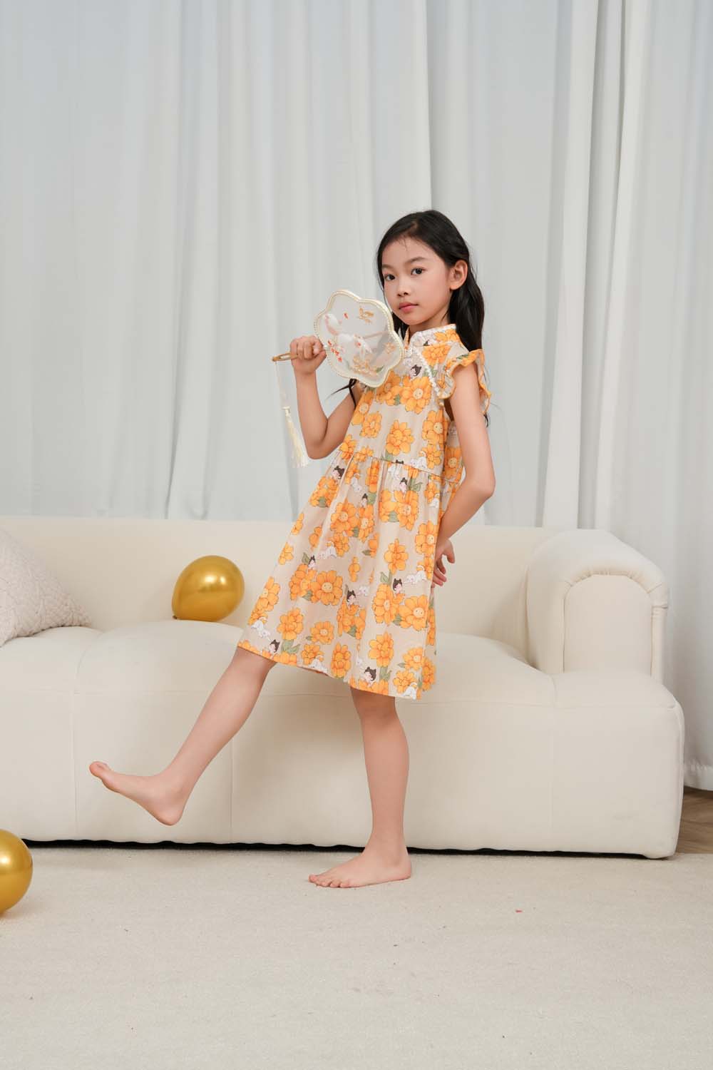 Singapore Souvenir Gift Sunflowers Little Girl n Cat Baby Kids Girl Cheongsam Dress 0846 - Little Kooma
