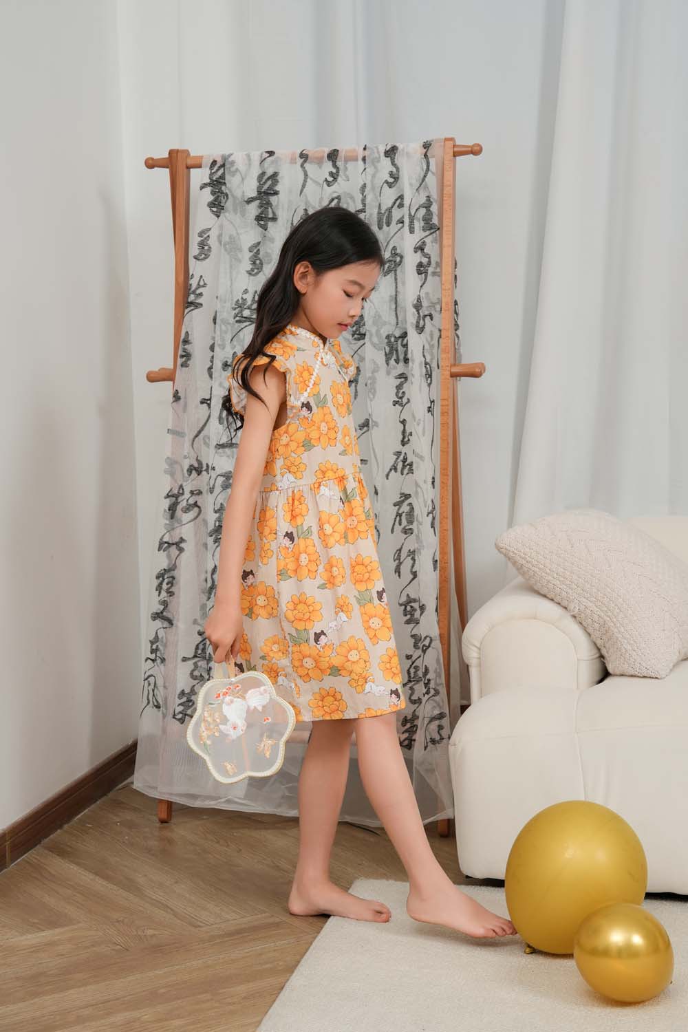 Singapore Souvenir Gift Sunflowers Little Girl n Cat Baby Kids Girl Cheongsam Dress 0846 - Little Kooma