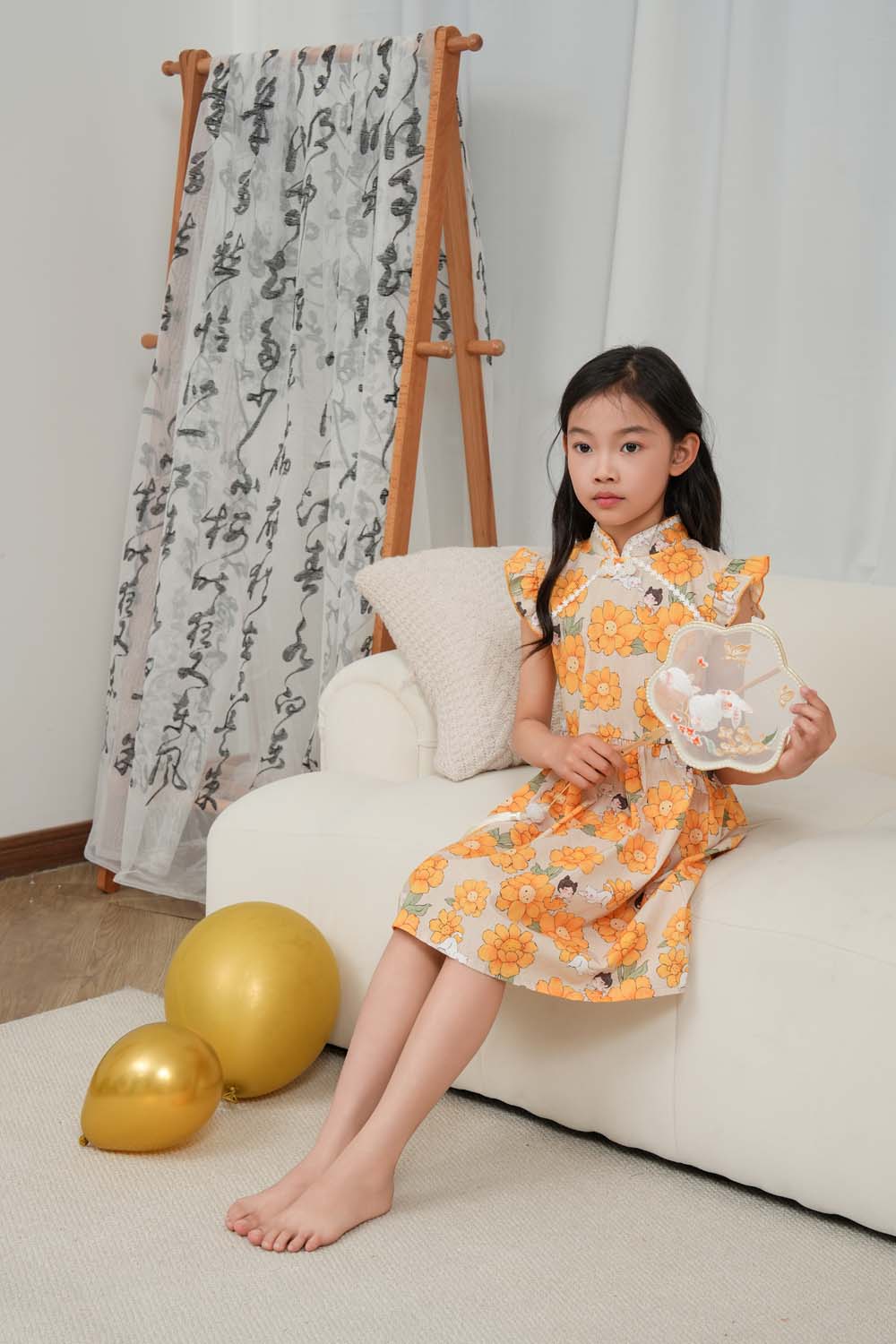 Singapore Souvenir Gift Sunflowers Little Girl n Cat Baby Kids Girl Cheongsam Dress 0846 - Little Kooma