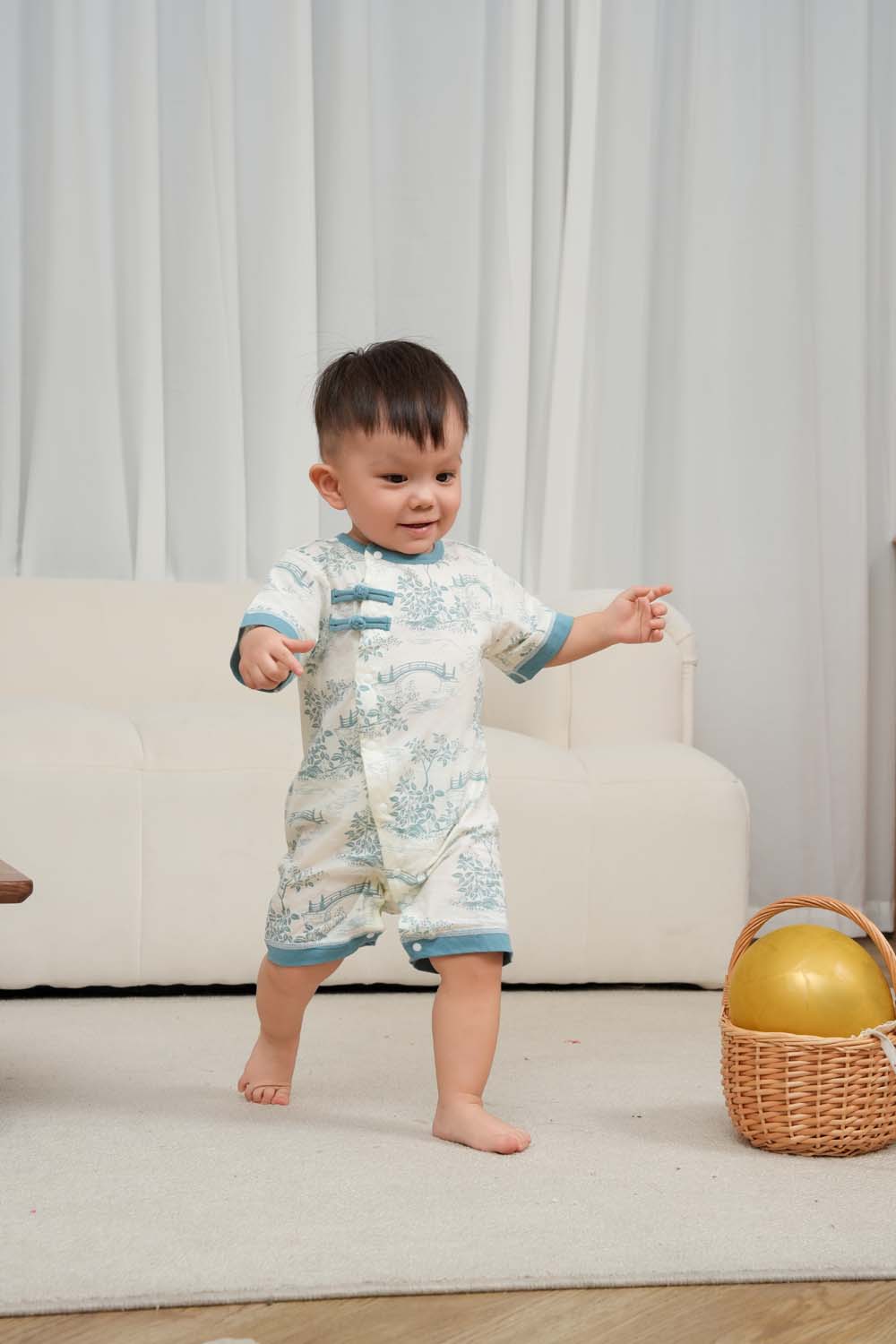 Singapore Souvenir Gift Chinese Garden Landscape Bridge Rockery Pavilion Baby Boy Cheongsam Romper 0839 - Little Kooma