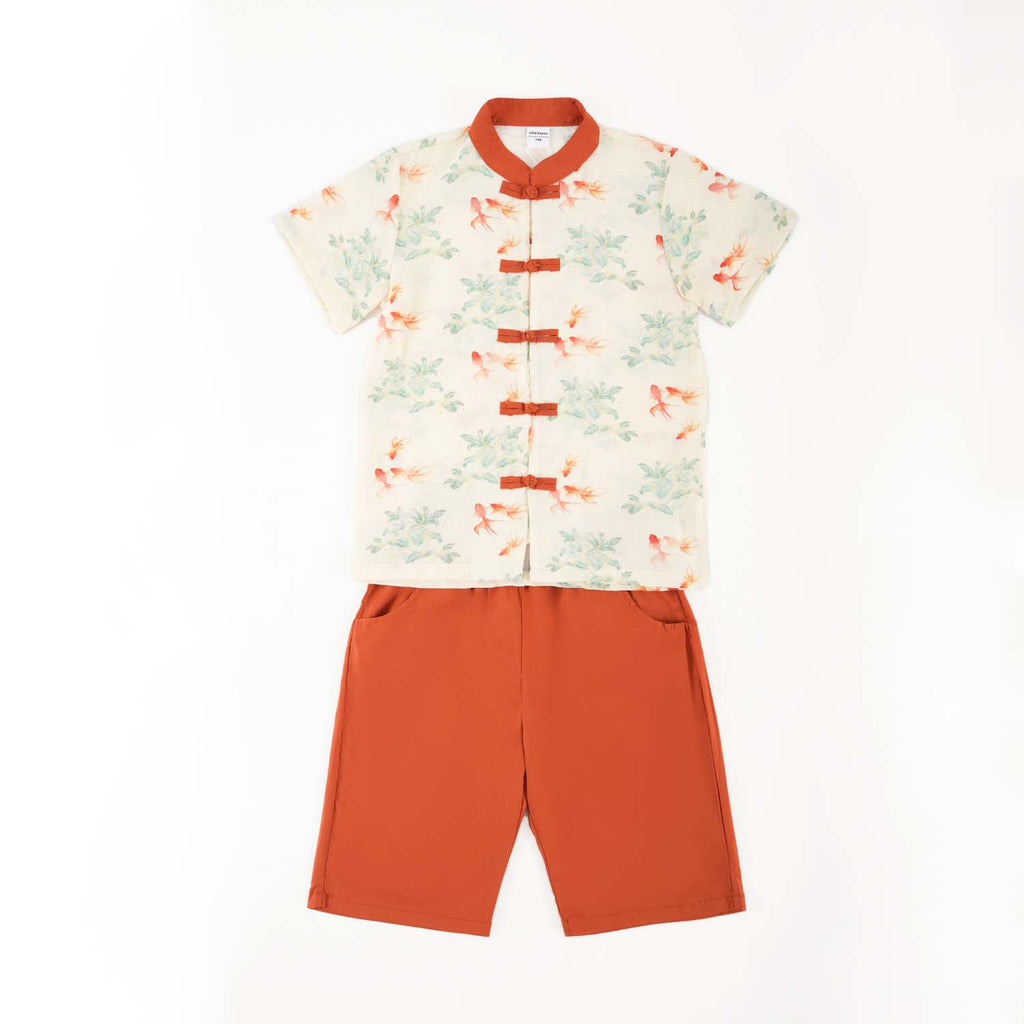 Singapore Souvenir Gift Fortune Bloom Family Set with Golden Fish Baby Kids Boys Cheongsam Set Top n Shorts CNY Chinese New Year Outfit 0829 - Little Kooma