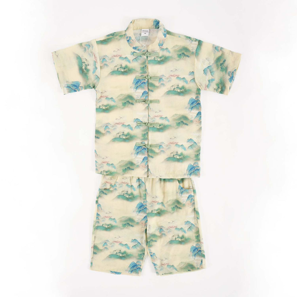 Singapore Souvenir Gift Chinese Landscape Painting Mountains Trees Baby Kids Boys Cheongsam Set Top n Shorts CNY Chinese New Year Outfit 0836 - Little Kooma